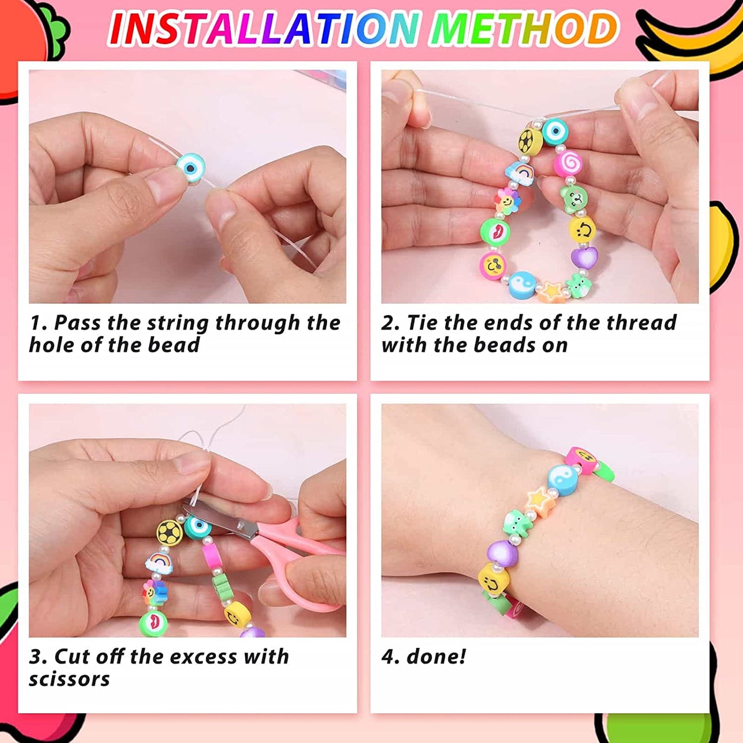 480 Pcs Fruit Flower Polymer Clay Beads, 24 Styles Trendy Cute Smiley Bead Charms for Bracelets Jewelry Necklace Earring Making with Elastic String image 5