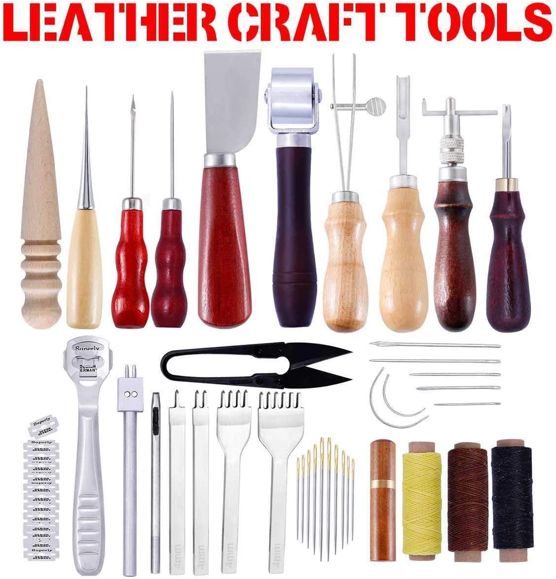 HIGHEMN Maintenance Tools Set 48pcs Leather Craft Tools Kit Hand Sewing Stitching Punch Carving Work Saddle Groover DIY Leathercraft Accessories Professional image 1