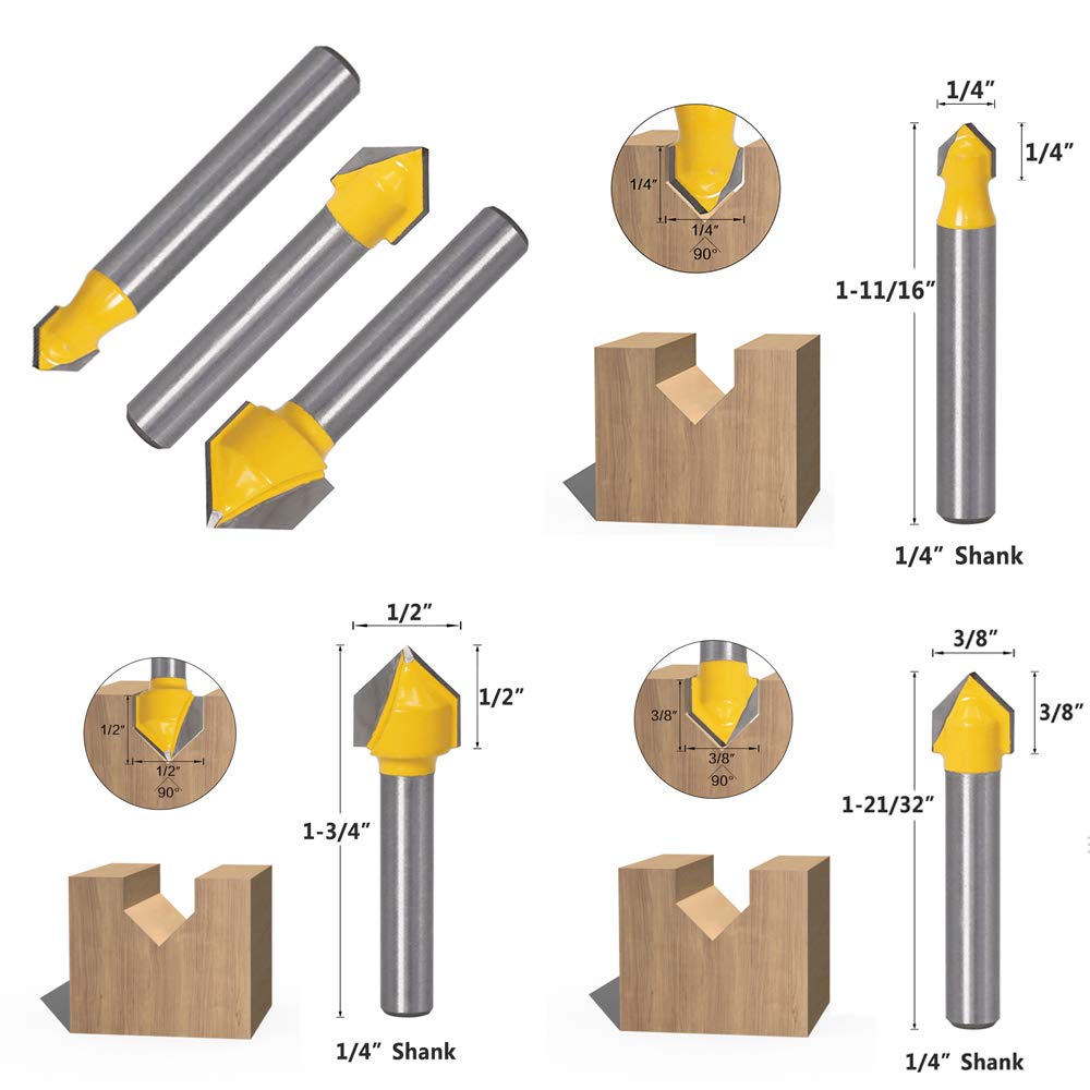 Yakamoz 6Pcs 1/4" Shank Carbide 90 Degree V-Groove and Round Nose Groove Router Bit Set 3D CNC Signmaking Lettering Engraving Cutter Woodworking Carving Cutting Tool image 1