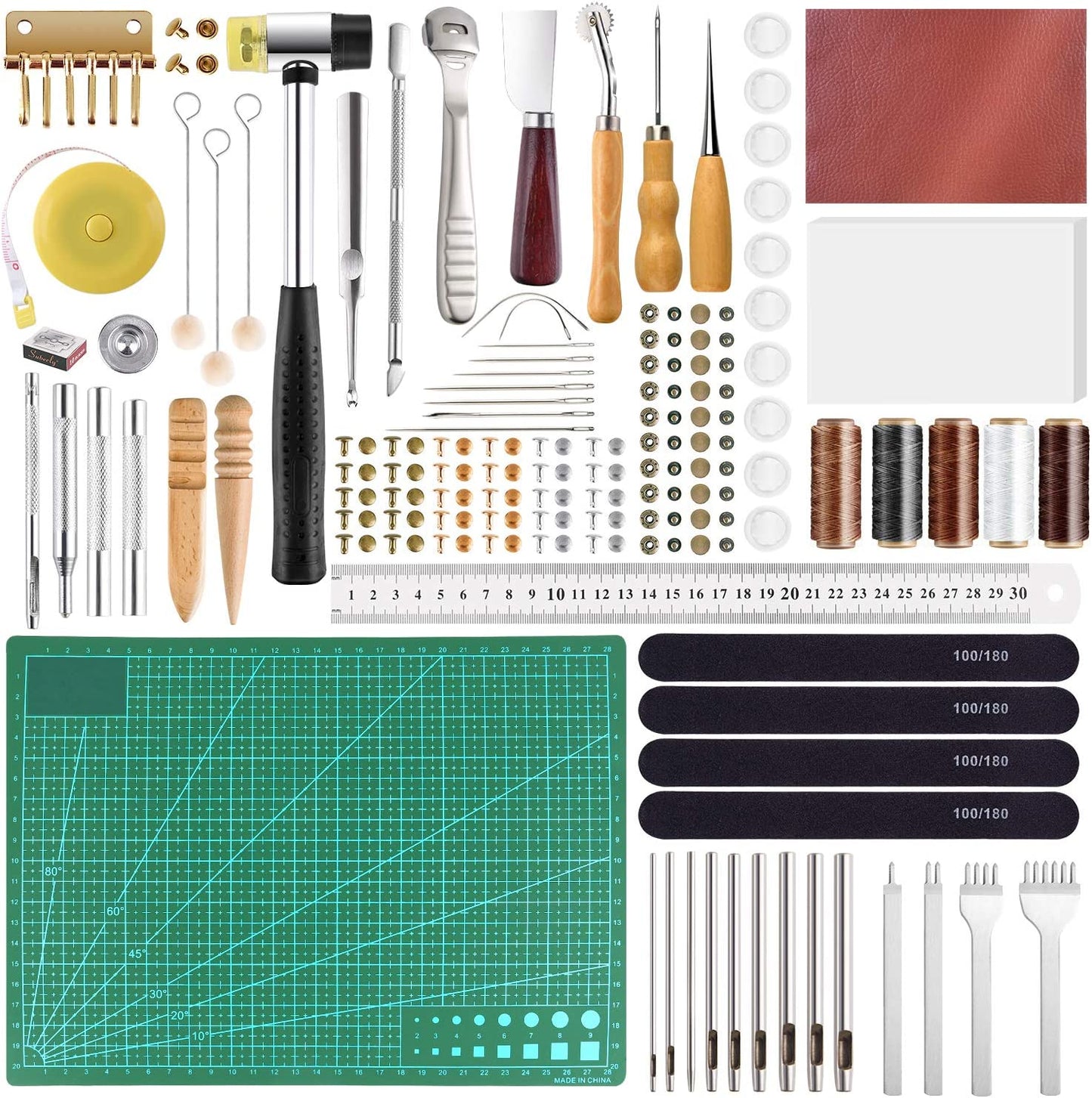 FEPITO 58 Pcs Leather Craft Tools Leather Working Tools Kit DIY Leather Sewing Tools for Leather Making Leather Craft DIY Tool image 0
