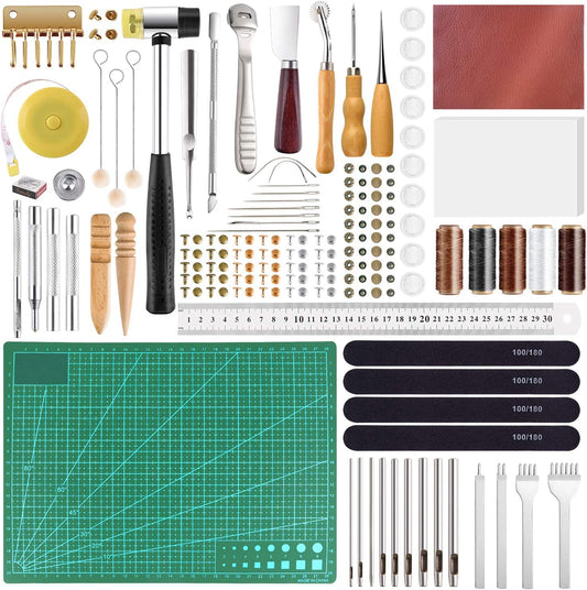 FEPITO 58 Pcs Leather Craft Tools Leather Working Tools Kit DIY Leather Sewing Tools for Leather Making Leather Craft DIY Tool image 0