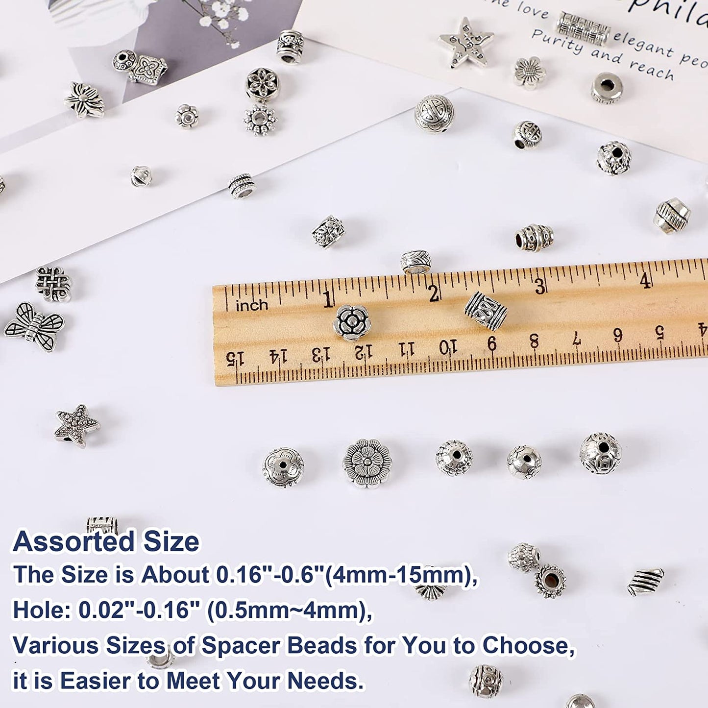 UPINS 300Pcs Silver Spacer Beads for Jewelry Bracelet Necklace Making Crafts Silver Beads Metal Alloy Beads Loose Spacer Beads with Radom Styles for DIY image 2