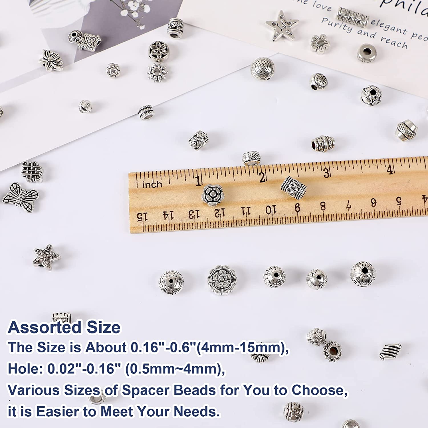 UPINS 300Pcs Silver Spacer Beads for Jewelry Bracelet Necklace Making Crafts Silver Beads Metal Alloy Beads Loose Spacer Beads with Radom Styles for DIY image 2