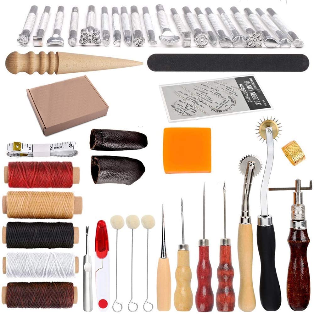 Swiftrans 33Pc Leather Tools Leather Craft Tools Kit Leather DIY Leather Working Tools Leather Sewing Set Hand Stitching Tool Set with Groover Awl Waxed Thread Thimble Kit for Punching Cutting Sewing image 0