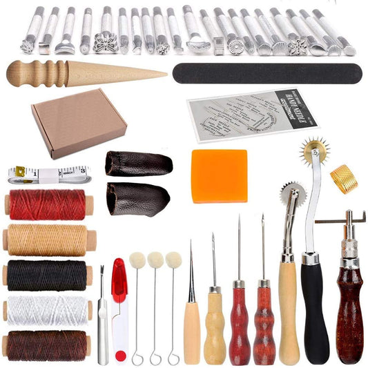 Swiftrans 33Pc Leather Tools Leather Craft Tools Kit Leather DIY Leather Working Tools Leather Sewing Set Hand Stitching Tool Set with Groover Awl Waxed Thread Thimble Kit for Punching Cutting Sewing image 0
