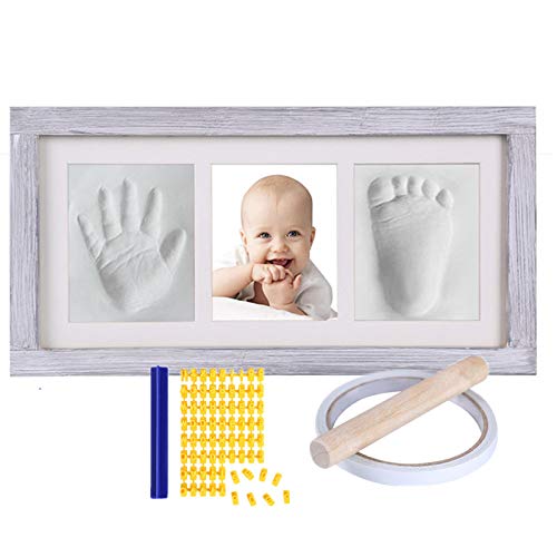 Baby Hand &amp; Footprint Kit, Newborn Keepsake Box in Rustic Farmhouse Frame, Clay Baby Casting Kit for Baby Shower Gifts, Boys &amp; Girls - Baby Nursery Decor - Bonus Stencil Included (Grey) image 1