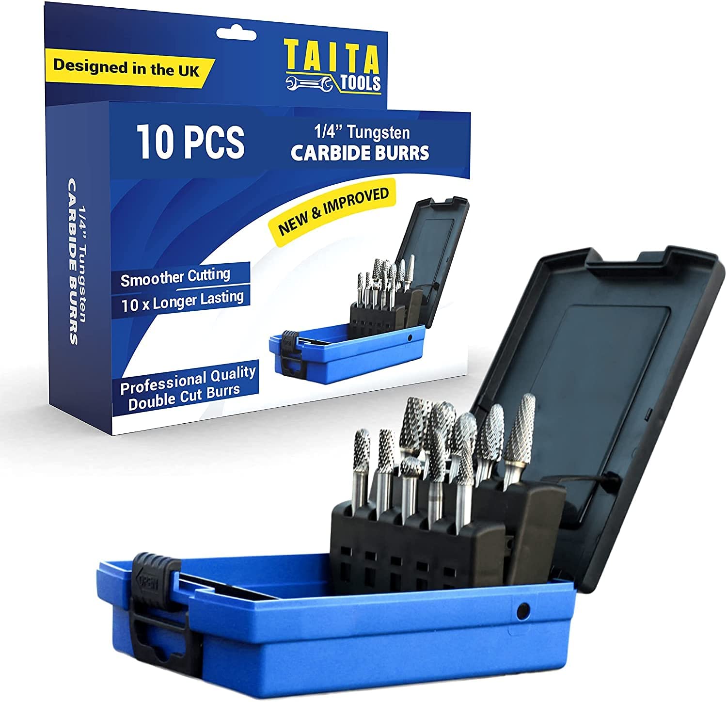 10pc Carbide Burr Set 1/4" Shank Tungsten Double Cut Rotary Die Grinder Bits - Cutting Burrs for Milwaukee, Dewalt and Die Grinder Accessories - Wood Carving Metal Working &amp; Sturdy Storage Case image 0
