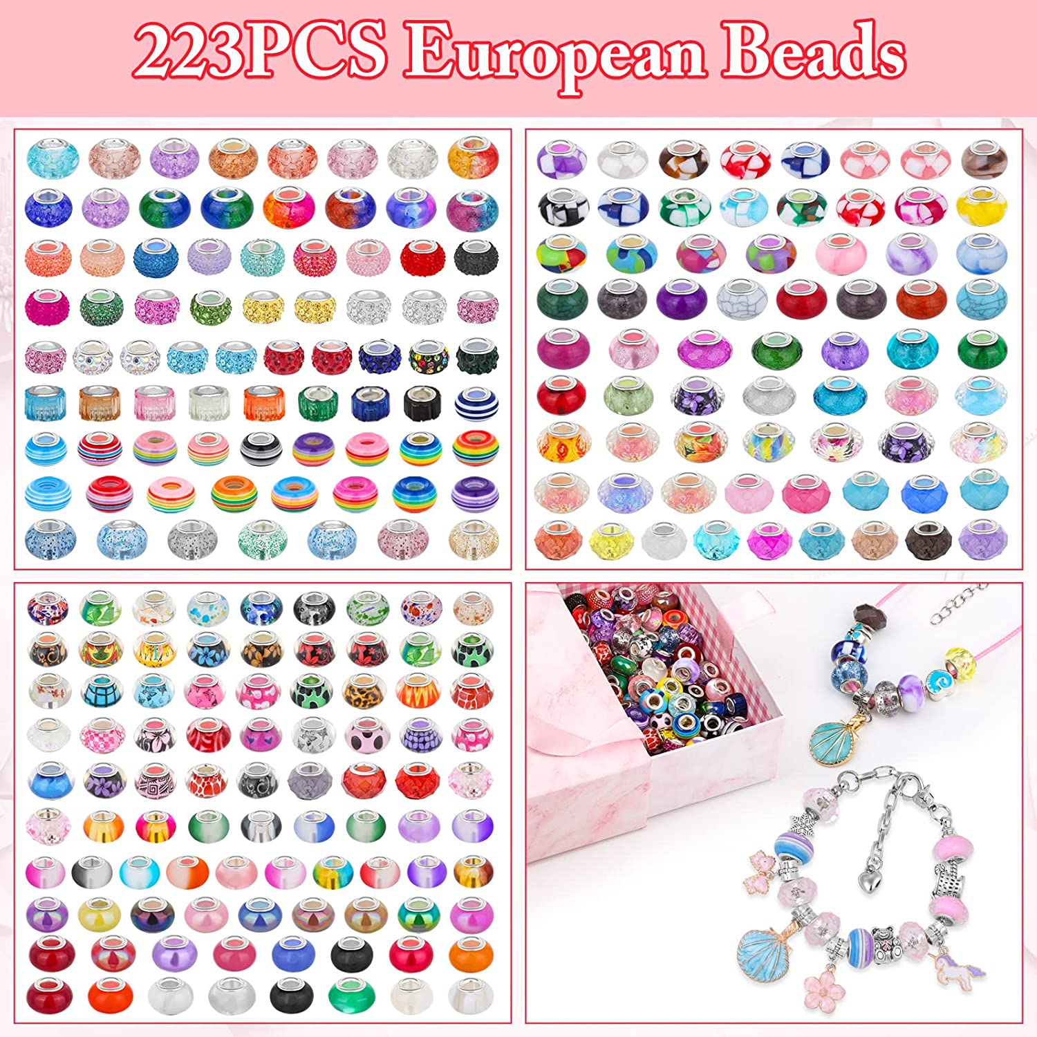 223 PCS Large Hole Glass Beads for Jewelry Making, Cludoo European Beads Bulk Mixed Color Spacer Beads with Rhinestones Lampwork Beads for DIY Craft Charms Bracelet Necklace Earring Making image 3