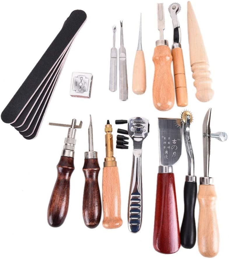19Pcs Leather Craft Sewing Tools Punch Kit Stitching Working Groover Thread Awl Trimming Hand Set image 3