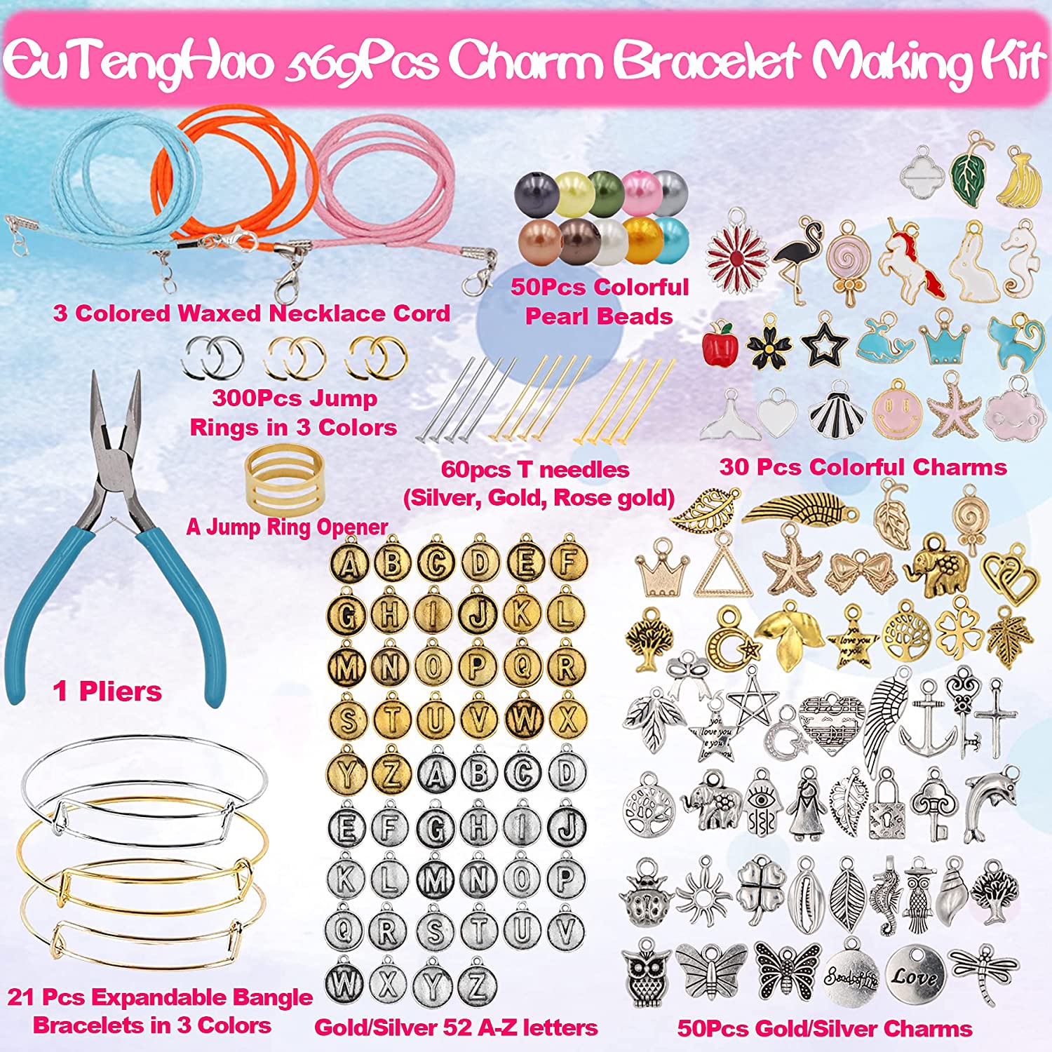 EuTengHao 569Pcs Jewelry Making Spacer Charms Beads Kit with Charm Letter Pendant Pearl Beads, Expandable Bangles,Waxed Cords,Pliers for Bracelet Necklace Earrings Rings Jewelry Making Findings image 2