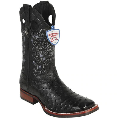 WILD WEST BOOTS #28250305 MEN'S | COLOR BLACK | MEN'S WILD WEST FULL QUILL OSTRICH BOOTS WITH RUBBER SOLE WIDE SQUARE TOE HANDCRAFTED image 0