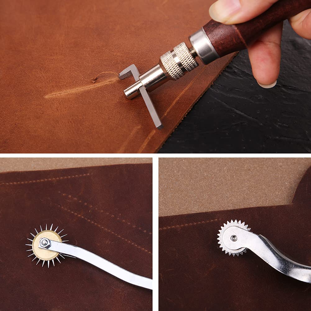 34 Pcs Leather Tool Kit, Leather Working Tools, and Supplies, Leather Sewing Kit with Leather Thread, Leather Sewing Needles, Groover, Thimble, Awl, Instructions and Leather Accessories image 2