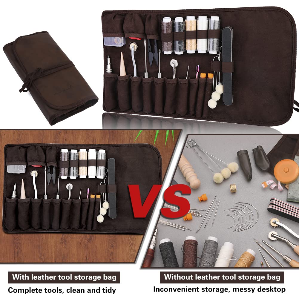 Leather Sewing Kit Leather Craft Tools Leather Craft Making Leather Sewing Tools Kit for DIY Sewing Craft Projects with Custom Storage Bag Adjustable Groover Stitch Wheel Waxed Threads image 1