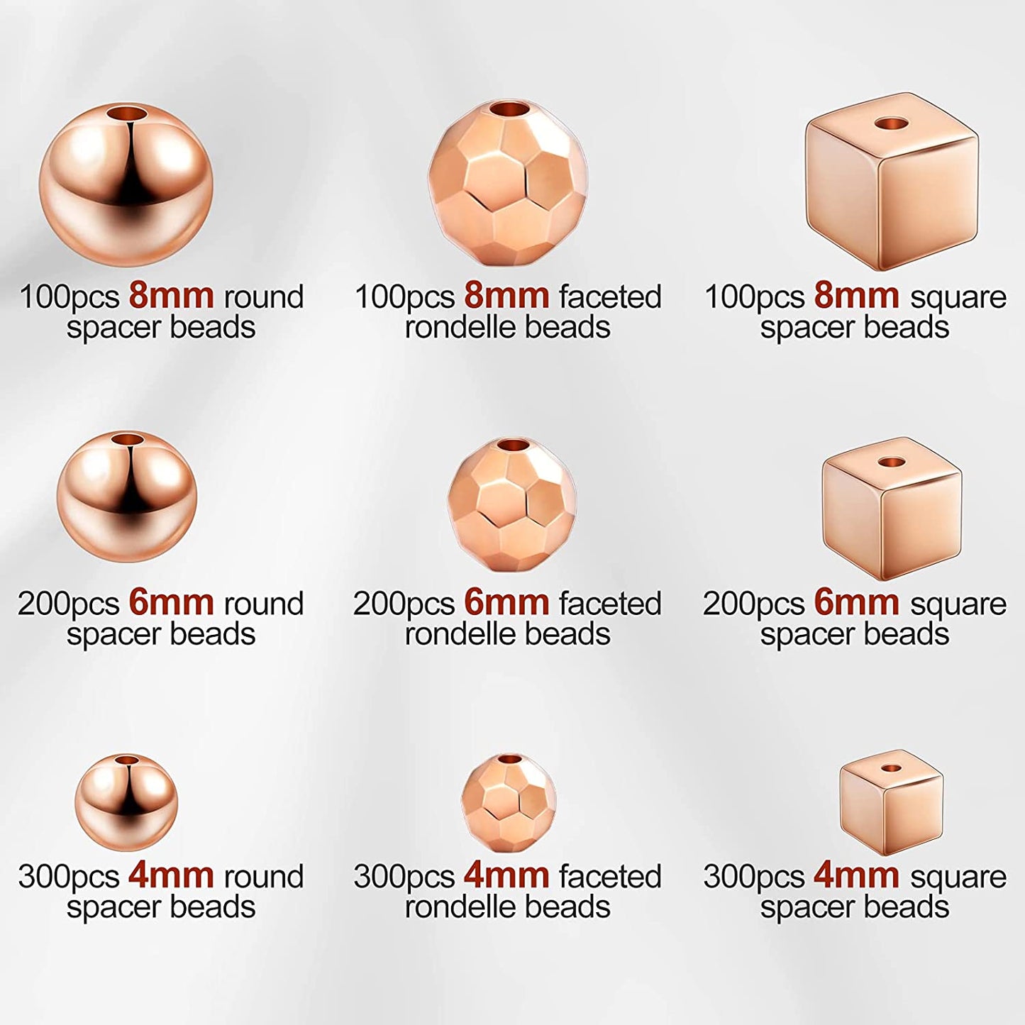 1800 Pieces Spacer Beads 4mm/ 6mm/ 8mm DIY Loose Beads Assorted Spacer Beads Round Square Rhombus Smooth Beads or Stackable Bracelet Jewelry Craft Making, Rose Golden image 1