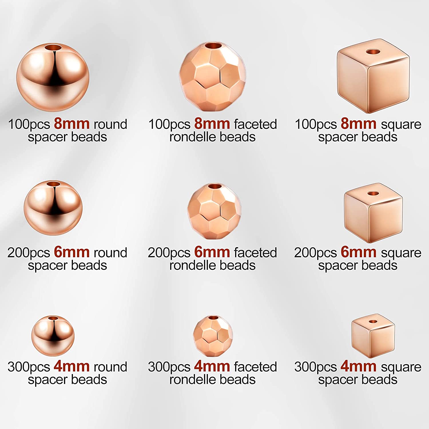 1800 Pieces Spacer Beads 4mm/ 6mm/ 8mm DIY Loose Beads Assorted Spacer Beads Round Square Rhombus Smooth Beads or Stackable Bracelet Jewelry Craft Making, Rose Golden image 1