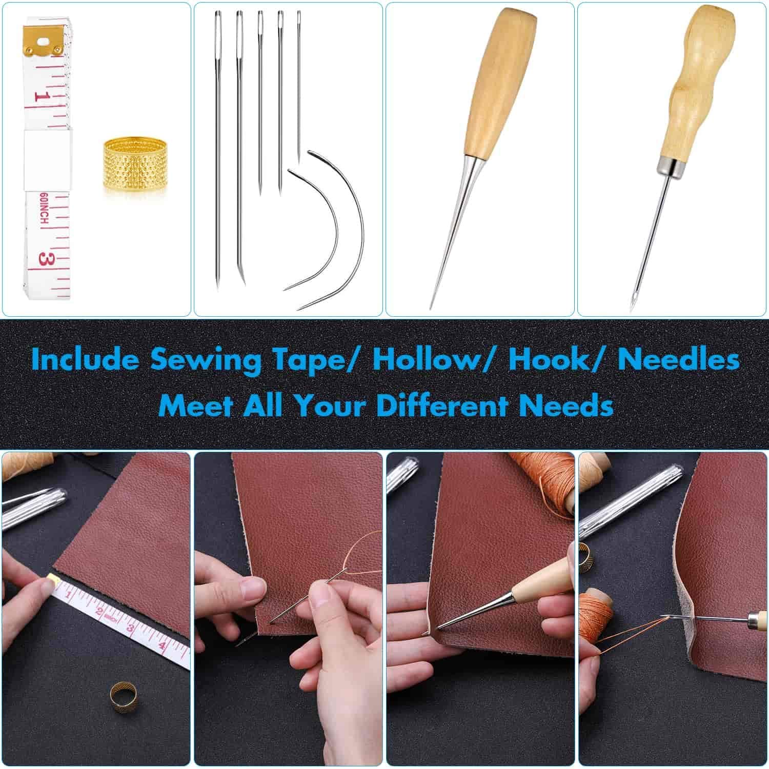Cridoz 35 Pcs Leather Stitching Pouch Kit with 4mm Prong Sewing Hole Punch, Leather Sewing Tools, Waxed Thread and Large-Eye Stitching Needles for Beginner Leather Sewing Working Crafting Projects image 5