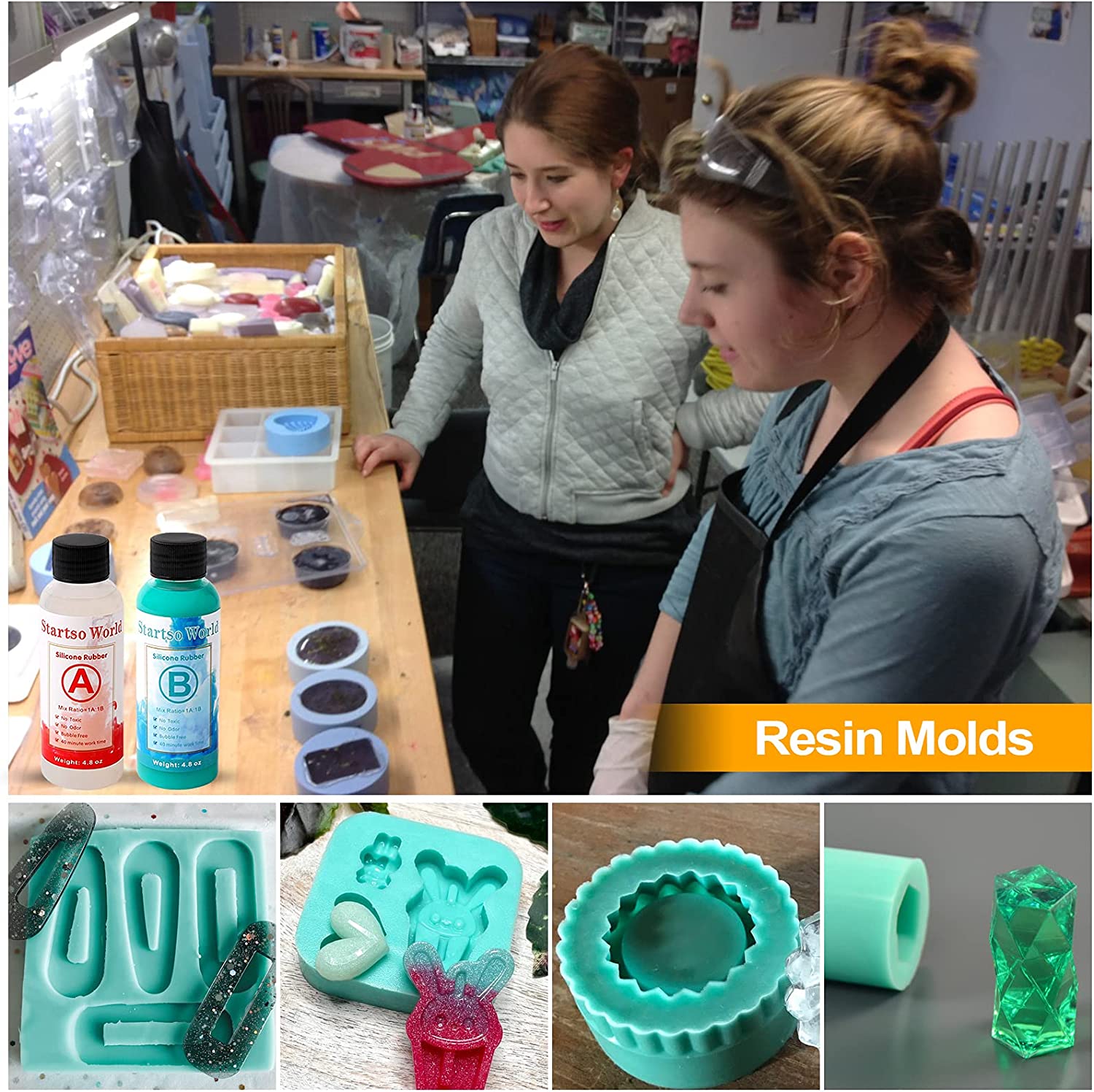 Startso World Mold Making Kit, 20A Turquoise Platinum RTV-2 Liquid Silicone Rubber 9.6OZ for Casting Resin, Soap, Candle, Clay, DIY Molds-1:1 by Volume with Tool 4Cups,4Sticks,2Droppers,1 Pair Gloves image 3