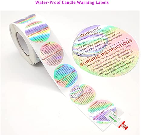 PMCDS2G Candle Warning Labels 1.5" Candle Jar Container Stickers 500 Pieces Per Roll Waterproof Candle Safety Labels Sticker Decal for Candle Jars,Tins and Votives (Holographic) image 3