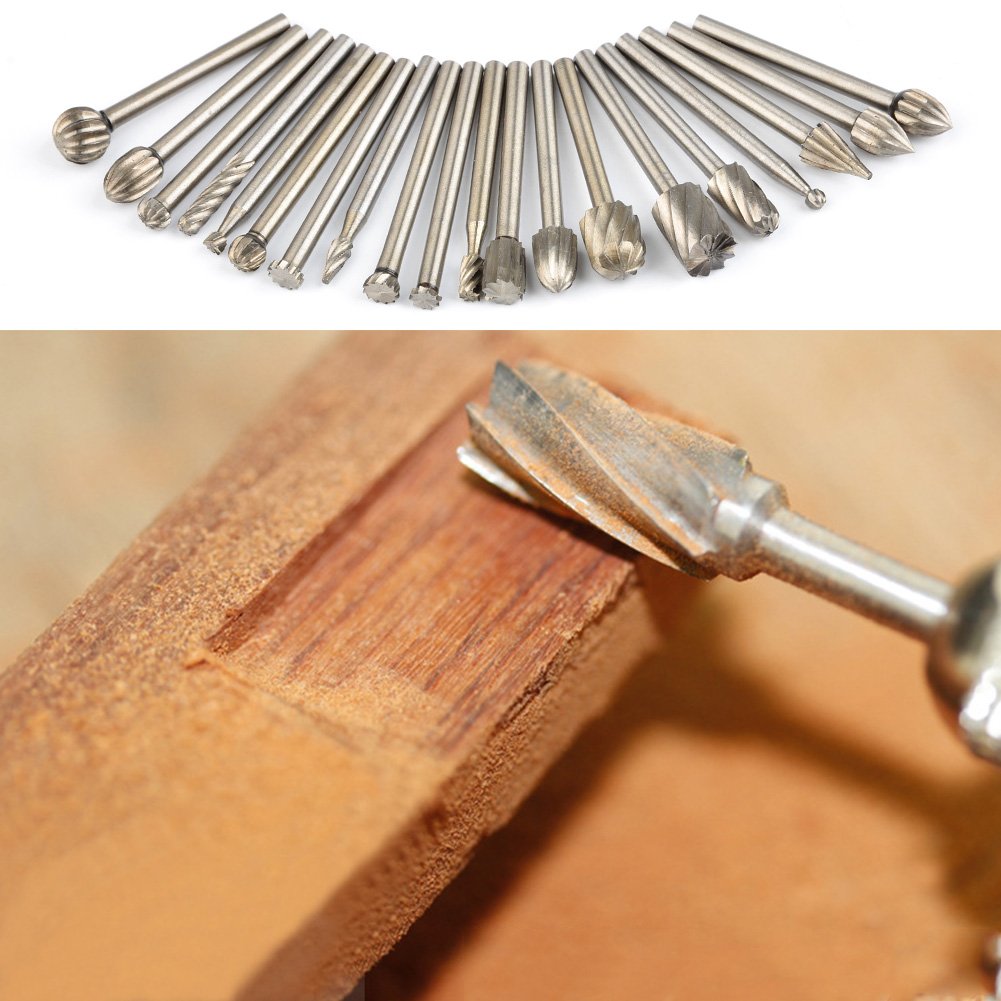 QLOUNI 20pcs Rotary Bit Burrs Set HSS Tungsten Carbide Wood Milling Burrs with 1/8’’(3mm) Shank for DIY Woodworking, Carving, Engraving, Drilling image 5