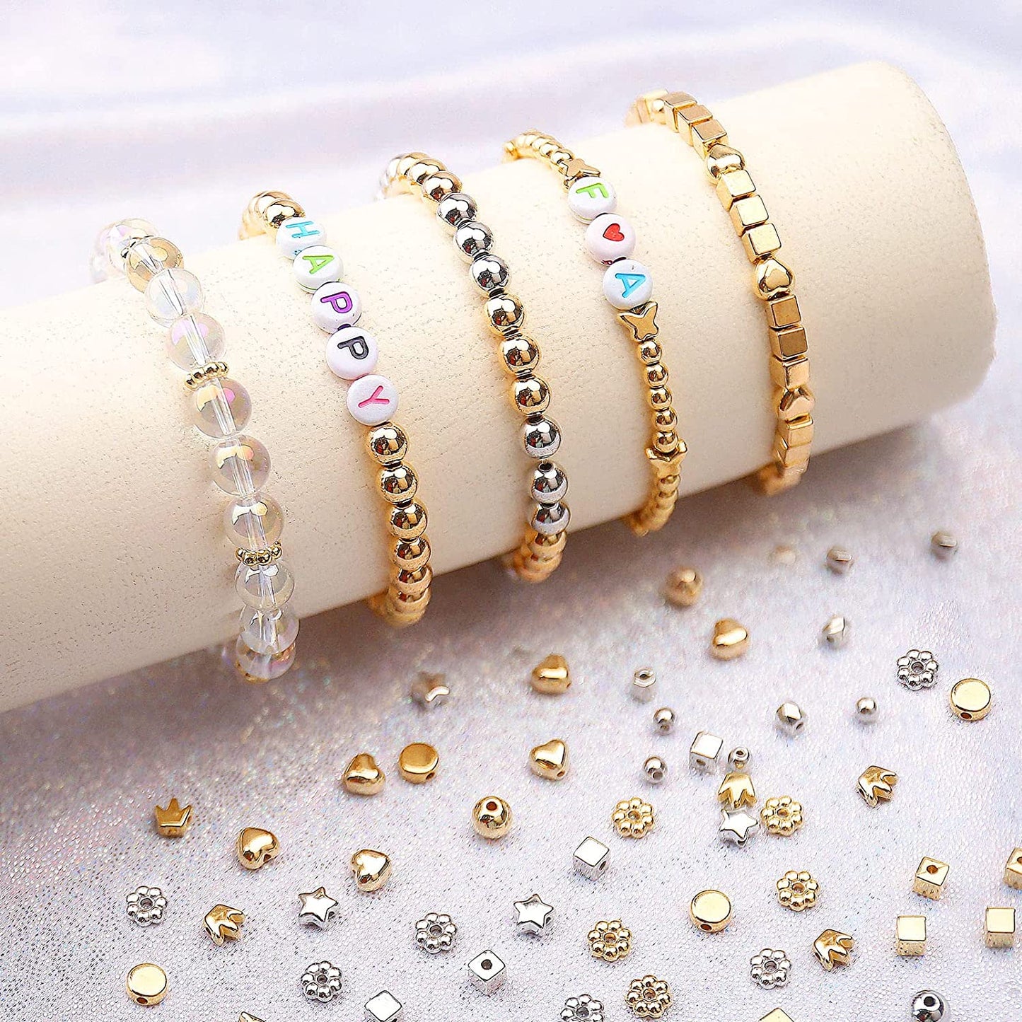 2700 Pieces 12 Styles Spacer Beads Set for Jewelry Making (Gold &amp; Silver), Assorted Loose Flower Start Heart Cube Crown Butterfly Round Ball Spacer Beads for DIY Bracelet Necklace Earring Crafts image 4