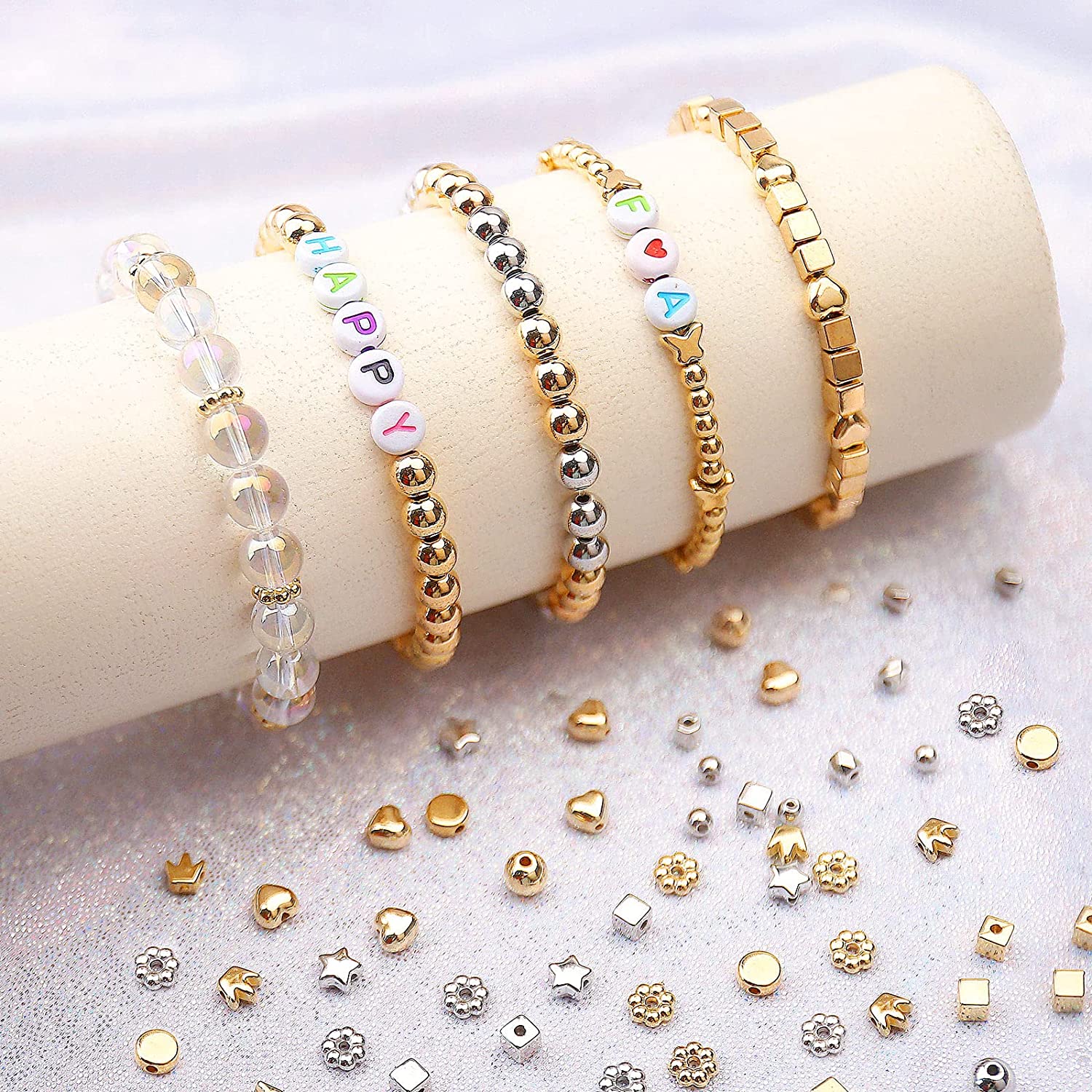 2700 Pieces 12 Styles Spacer Beads Set for Jewelry Making (Gold &amp; Silver), Assorted Loose Flower Start Heart Cube Crown Butterfly Round Ball Spacer Beads for DIY Bracelet Necklace Earring Crafts image 4