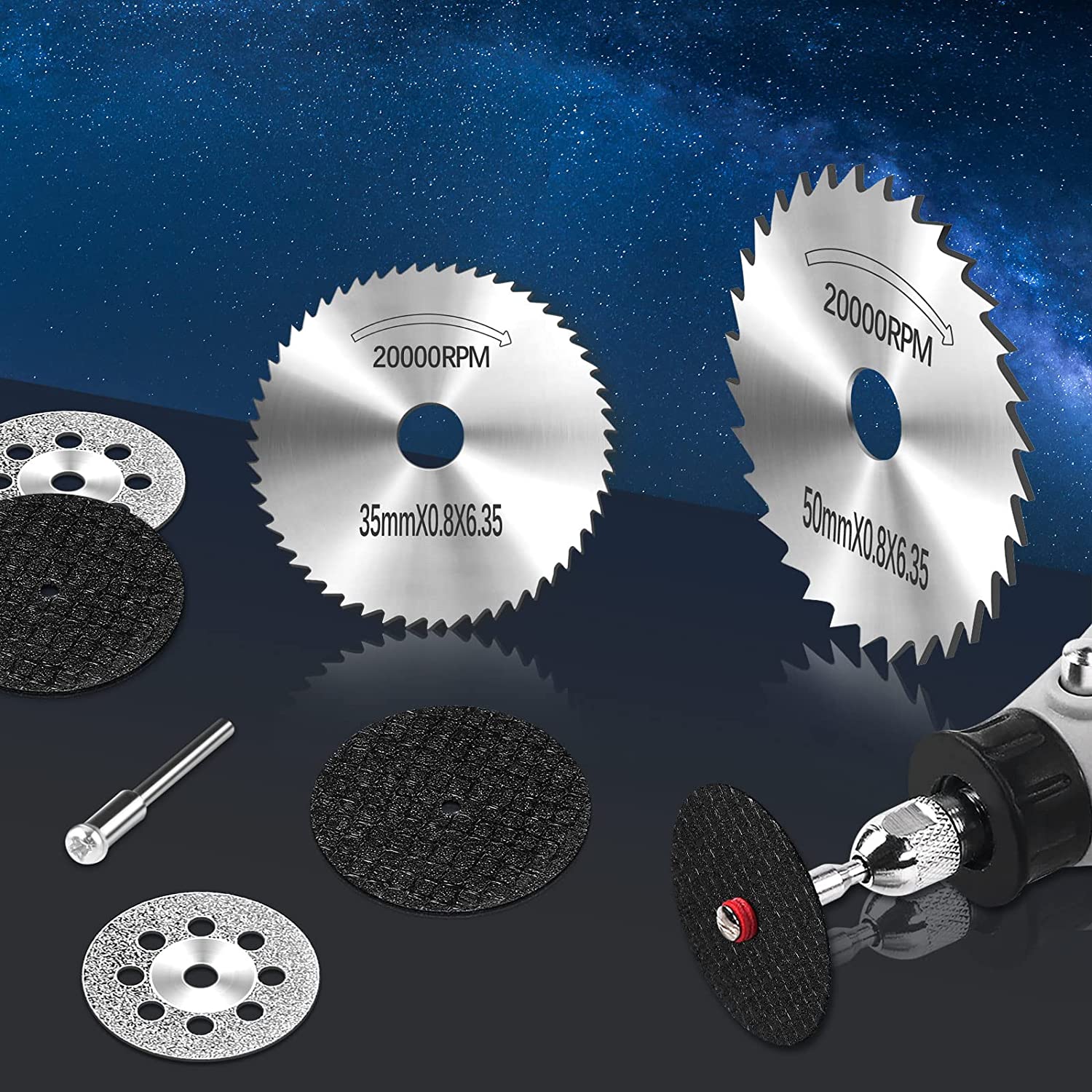 Rotary Tool Accessories Cutting Wheels Set 42 Pcs Diamond Cutting Wheels 15pcs and Resin Cutting Off Wheels 15pcs with Mandrels, Hss Circular Saw Blades 6pcs with 1/8" Shank for Wood Metal DIY Craft image 5