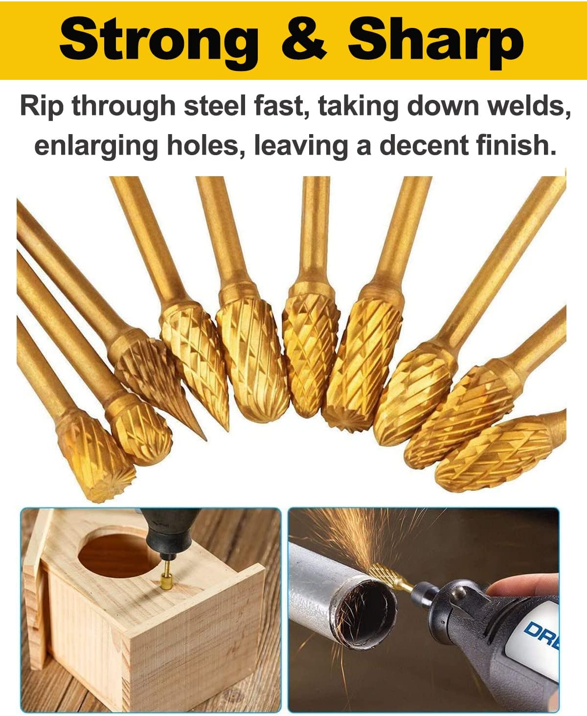 Double Cut Titanium Carbide Rotary Burr Set - Rocaris 10 Pieces 1/8"(3mm) Shank and 1/4"(6 mm) Head SizeTungsten Steel, for Woodworking, Drilling, Metal Craving, Engraving, Polishing image 2