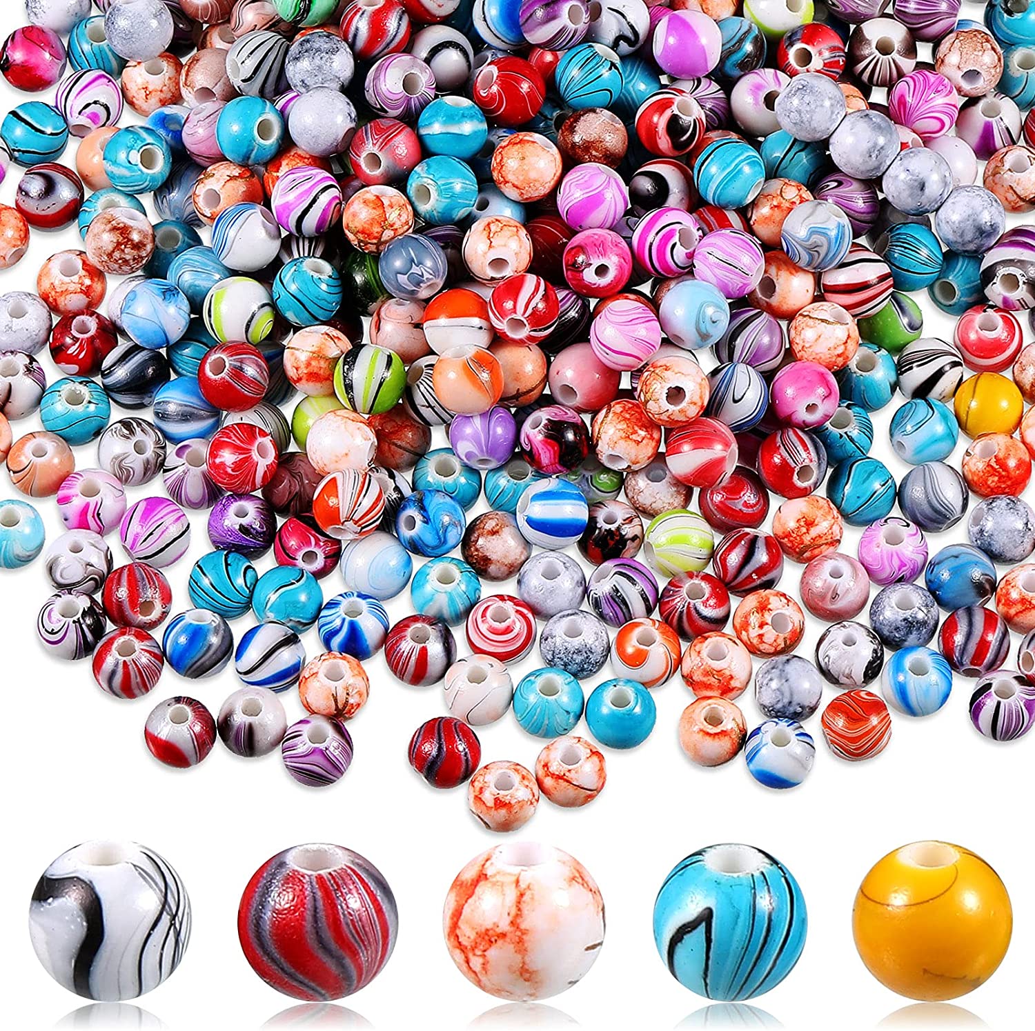 500 Pieces Acrylic Beads 8 mm Multicolor Acrylic Round Loose Beads for Bracelets and Necklaces Jewelry Making Supplies, Random Color (Ink Pattern) image 0