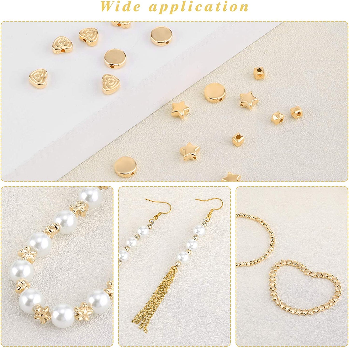 1200 Pieces Spacer Beads Set Star Beads Round Ball Beads Rondelle Faceted Spacer Beads Heart Beads Flower Beads Flat Disc Beads Loose Beads for Bracelet Earring Necklace Jewelry Making (Gold) image 2
