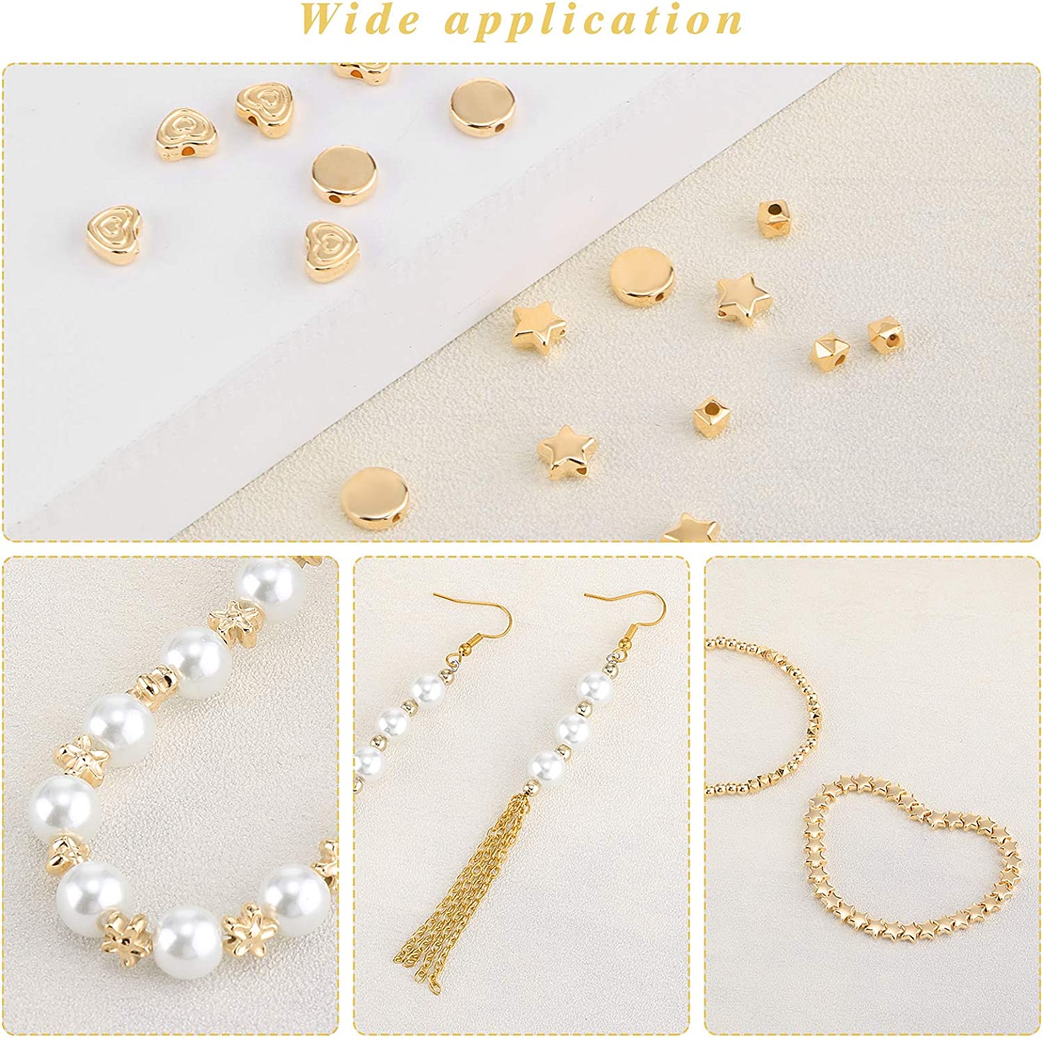 1200 Pieces Spacer Beads Set Star Beads Round Ball Beads Rondelle Faceted Spacer Beads Heart Beads Flower Beads Flat Disc Beads Loose Beads for Bracelet Earring Necklace Jewelry Making (Gold) image 2