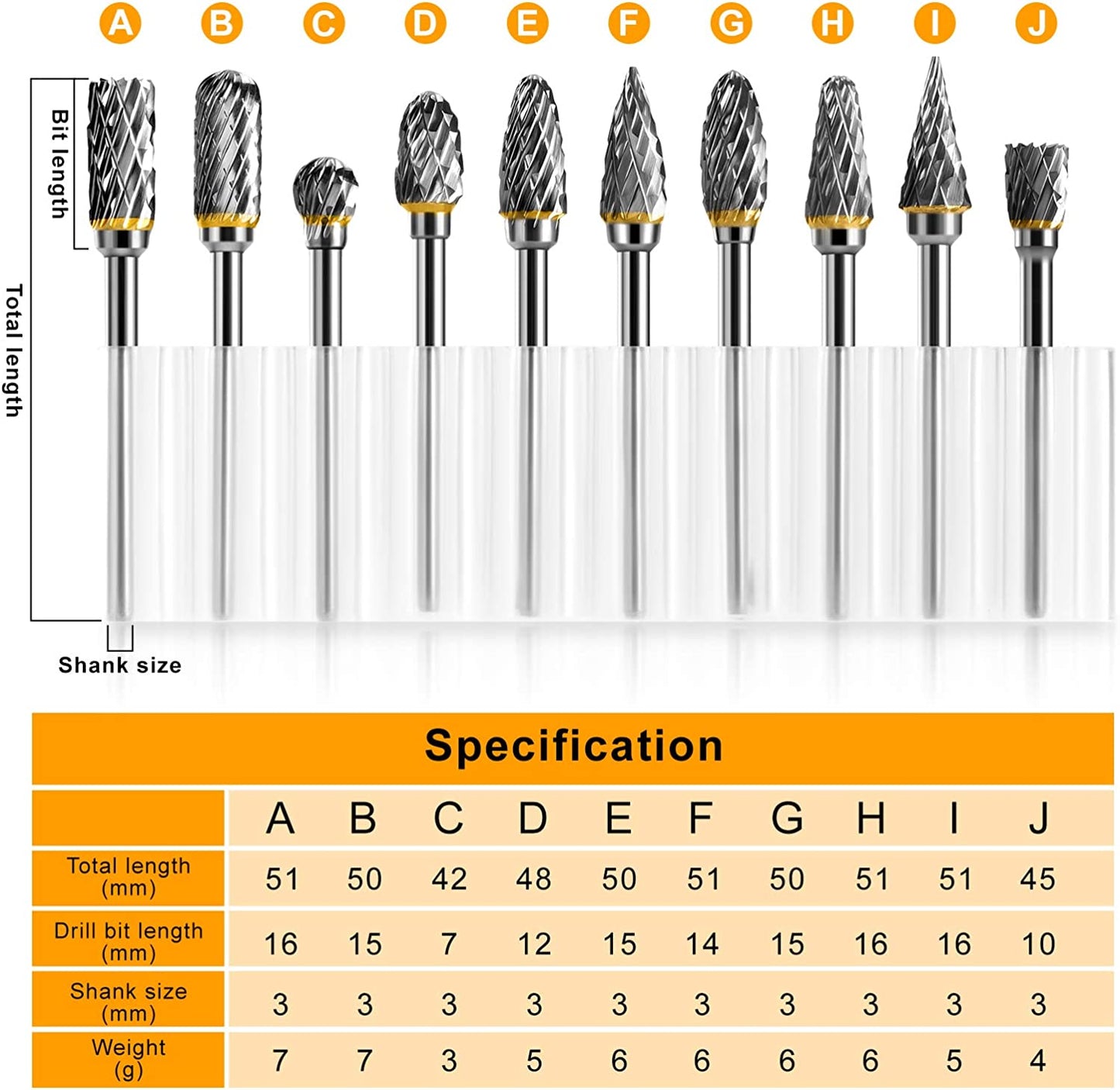 TianTac Tungsten Carbide Rotary Burr Set 10pcs, Carving Burr Bits, with 3mm Shank 6mm Bit for Wood &amp; Stone Carving, Steel Metal Working image 1