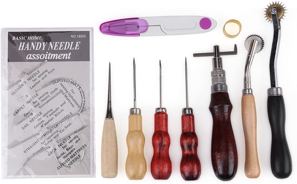 17 Pcs Leather Tools DIY Hand Stitching Kit with Groover Awl Waxed Thimble Thread for Sewing image 3