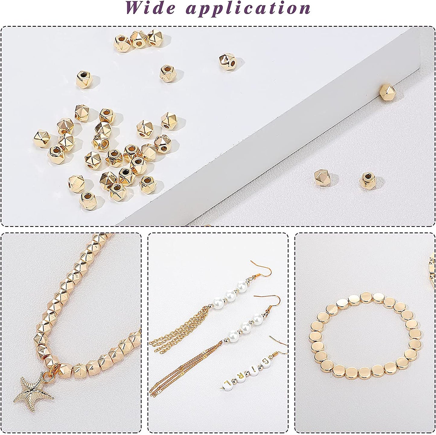 1800 Pieces Assorted Spacer Beads Rondelle Shape Cube Beads Tube Column Beads Flat Disc Loose Beads Round Ball Beads for Earring Bracelet Necklace DIY Jewelry (Gold, Silver) image 2