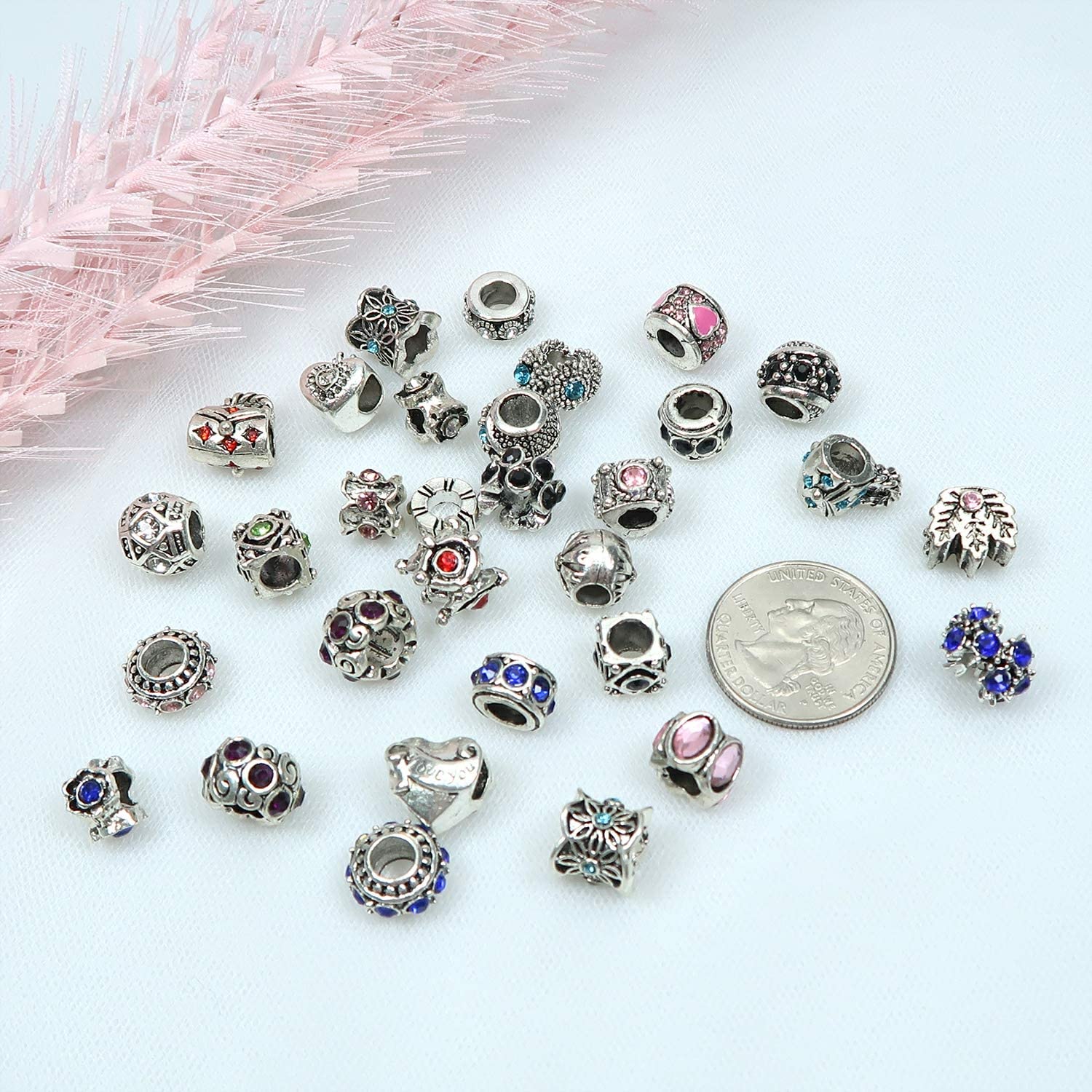 TOAOB 30pcs Assorted Antique Silver Rhinestone European Lampwork Charms Beads Large Hole Spacer Beads Charms Supplies for Bracelet Necklace Jewelry Making image 1