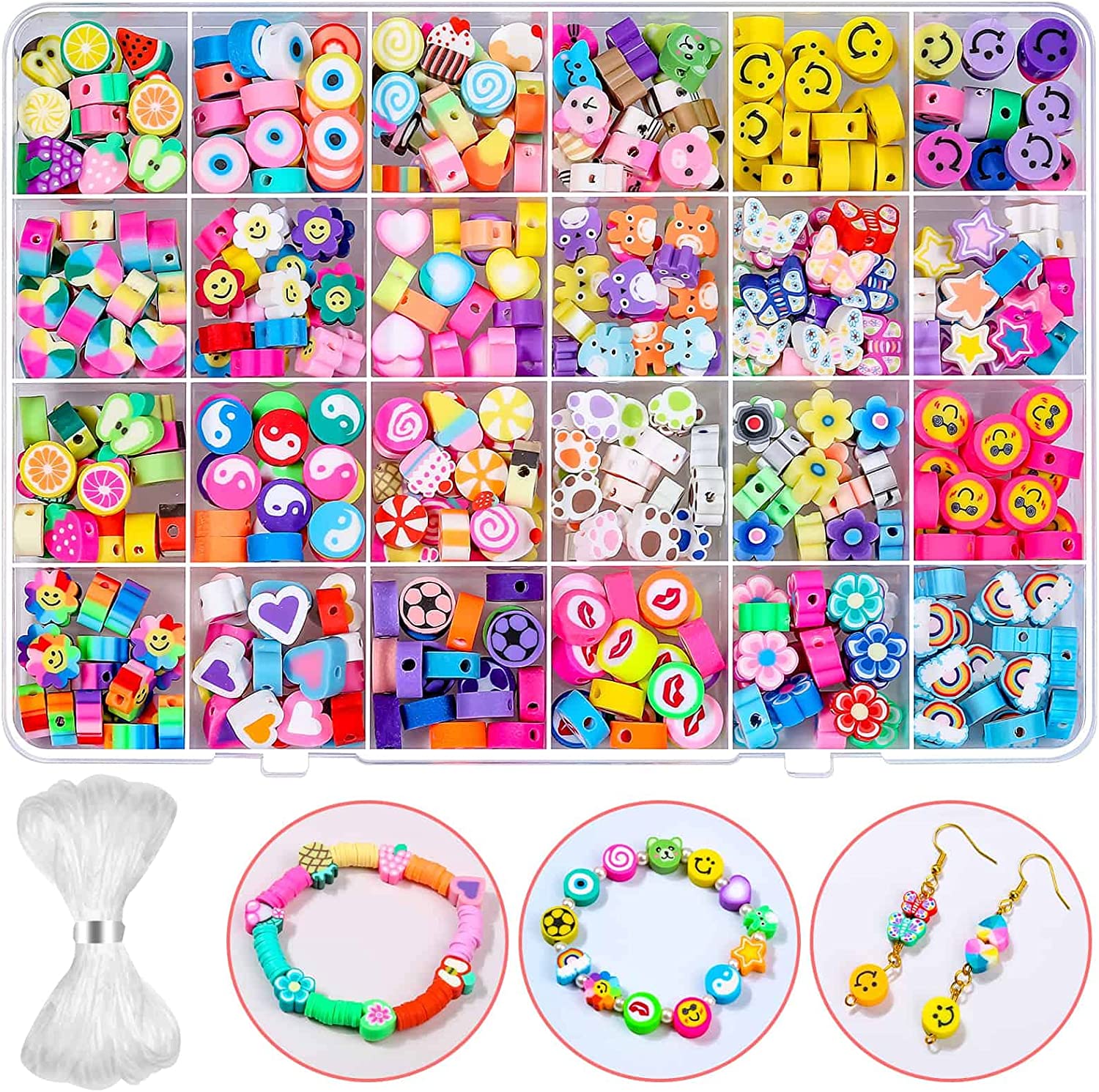 480 Pcs Fruit Flower Polymer Clay Beads, 24 Styles Trendy Cute Smiley Bead Charms for Bracelets Jewelry Necklace Earring Making with Elastic String image 0