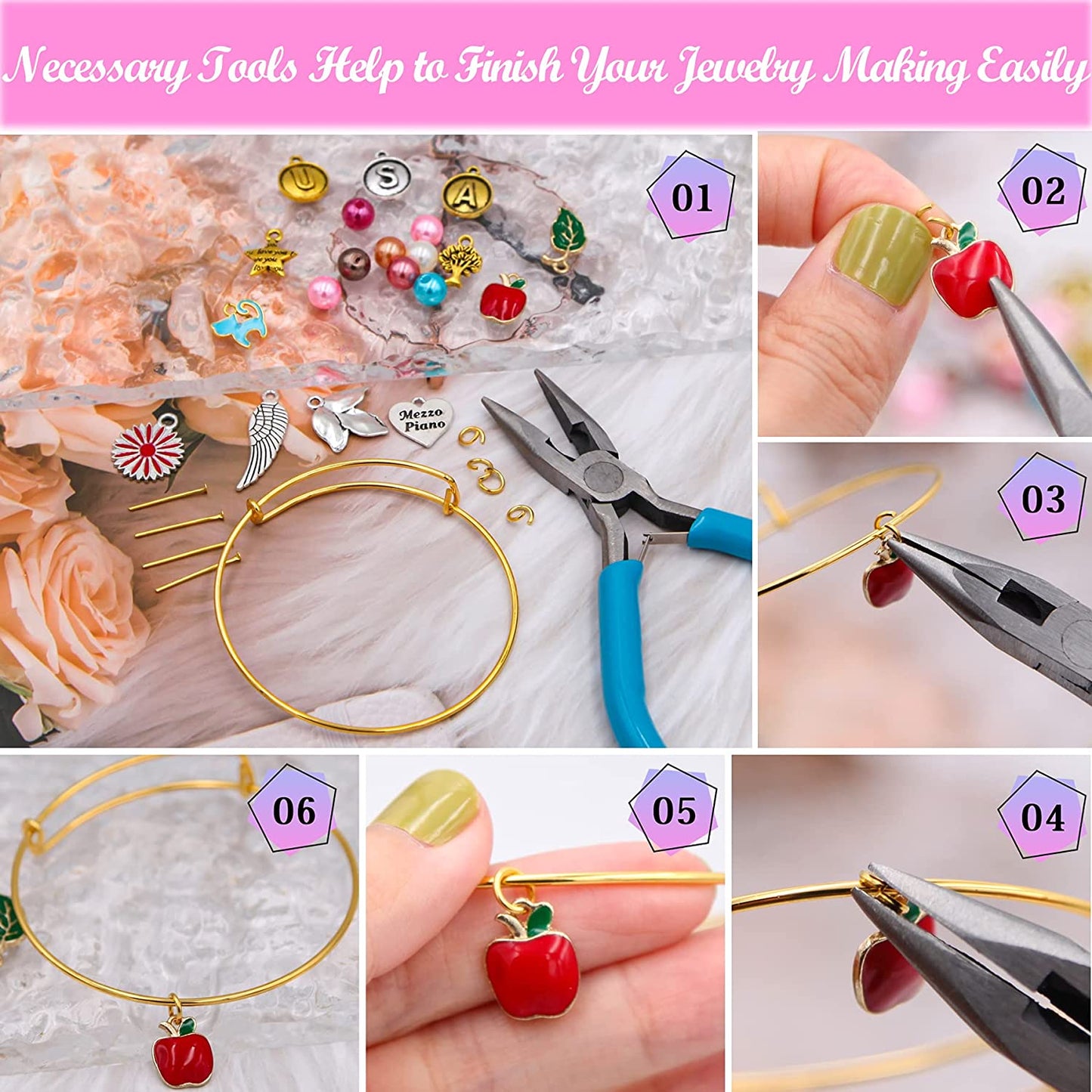 EuTengHao 569Pcs Jewelry Making Spacer Charms Beads Kit with Charm Letter Pendant Pearl Beads, Expandable Bangles,Waxed Cords,Pliers for Bracelet Necklace Earrings Rings Jewelry Making Findings image 5