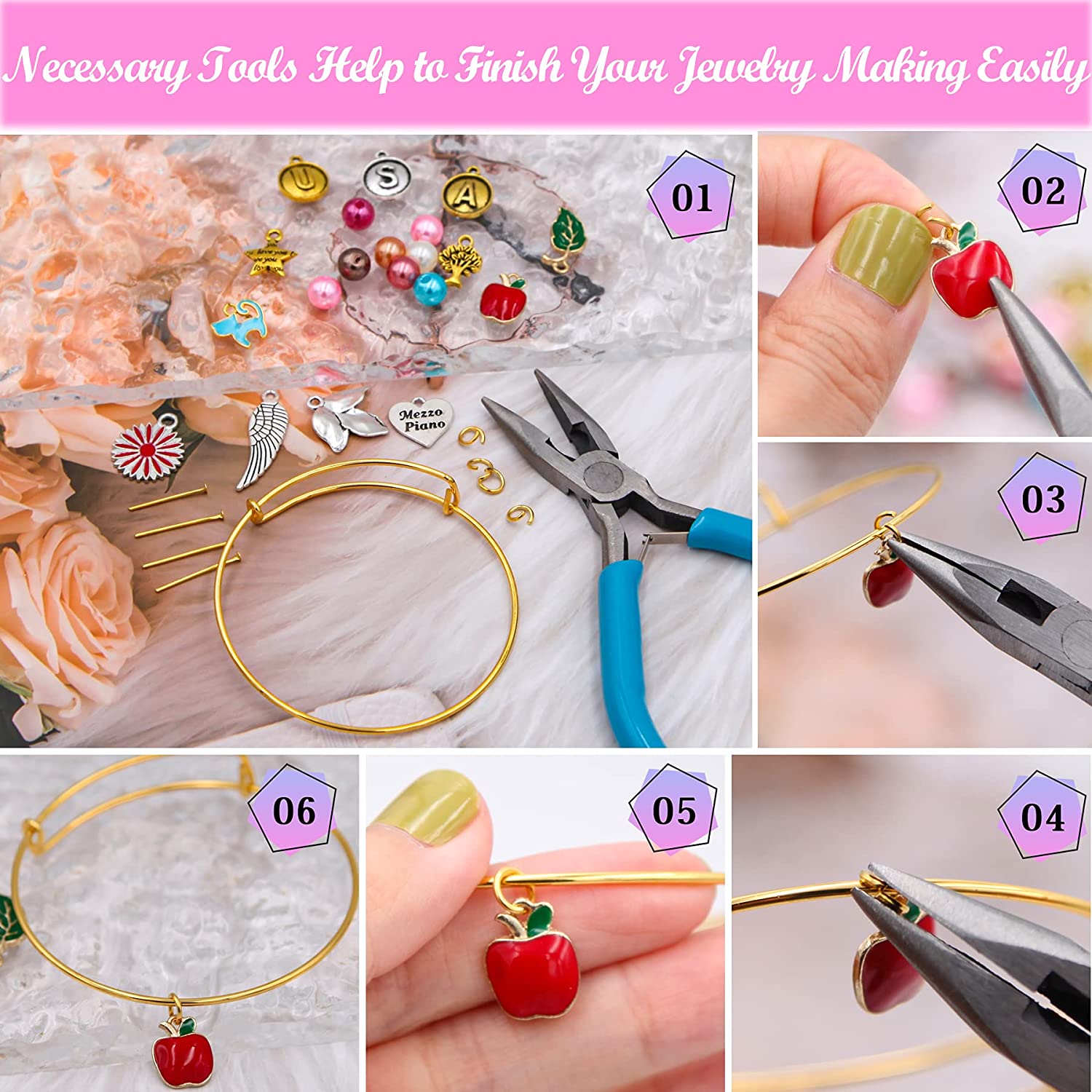 EuTengHao 569Pcs Jewelry Making Spacer Charms Beads Kit with Charm Letter Pendant Pearl Beads, Expandable Bangles,Waxed Cords,Pliers for Bracelet Necklace Earrings Rings Jewelry Making Findings image 5