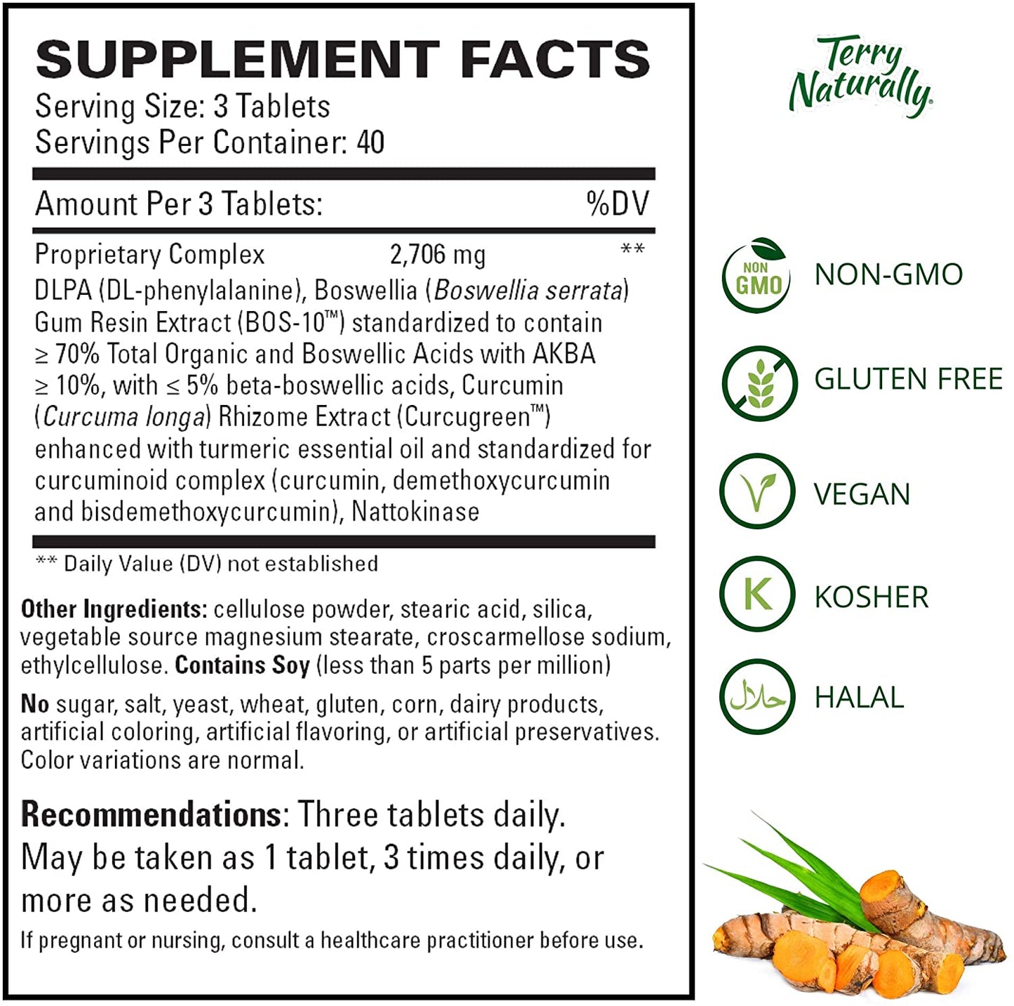 Terry Naturally Curamin Extra Strength - 120 Vegan Tablets - Non-Addictive Pain Relief Supplement with Curcumin from Turmeric, Boswellia &amp; DLPA - Non-GMO, Gluten-Free - 40 Servings image 4
