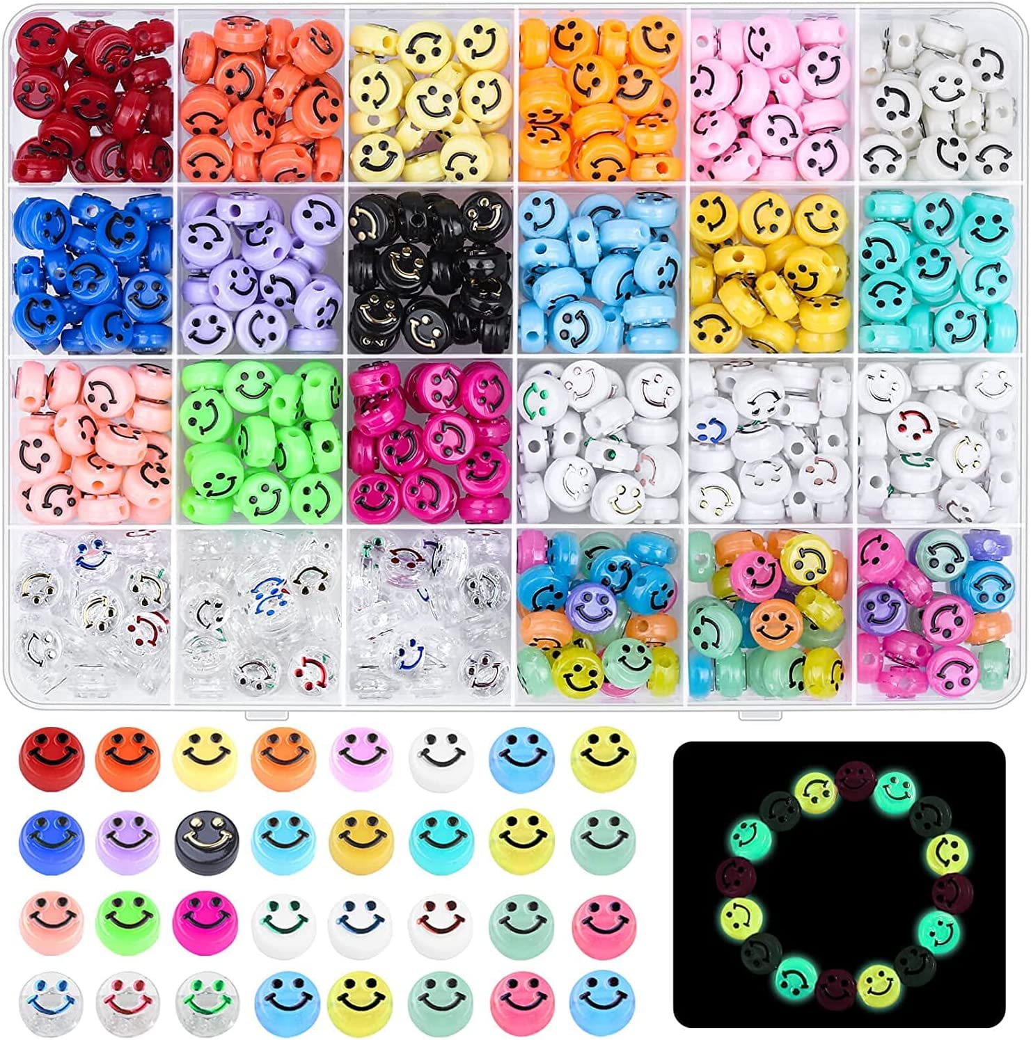 480Pcs 37 Colors Smiley Face Beads, Acrylic Smile Beads Bracelets Making Beads with 60Pcs Glowing Luminous Mixed for Jewelry Making Christmas Gift Bracelet Earring Necklace DIY Craft Supplies. image 0