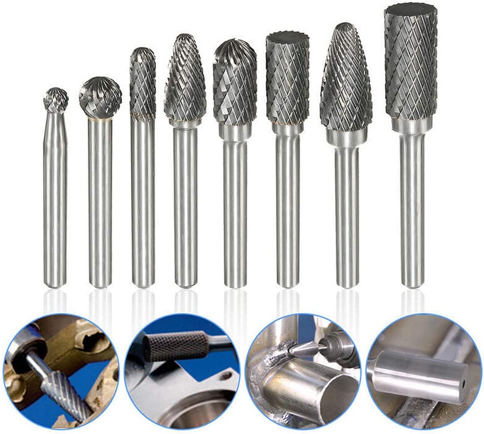 8pcs Carbide Rotary Burr Set, Double Cut 1/4''(6.35mm) Shank Solid Carbide Rotary Burr Set for Die Grinder Drill for Woodworking,Drilling, Metal Carving, Engraving, Polishing by YEEZUGO image 4