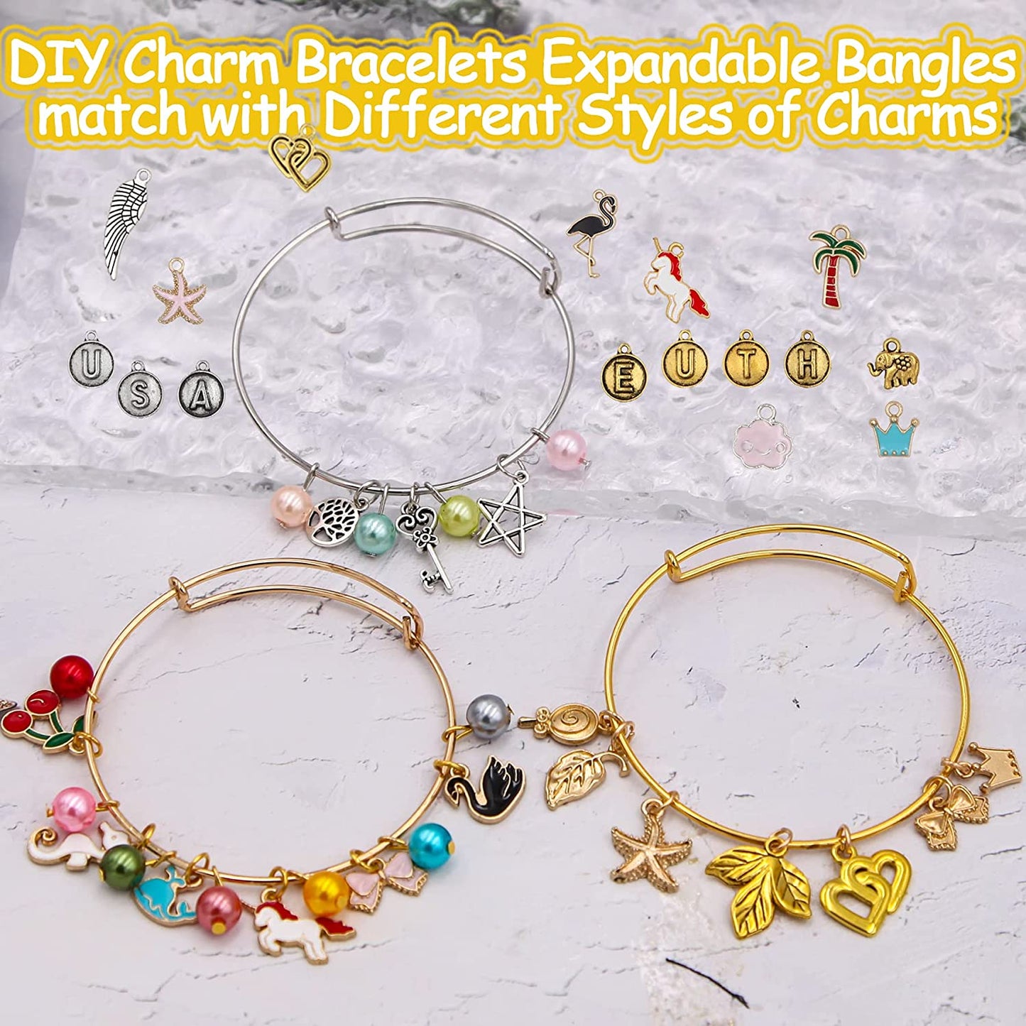 EuTengHao 569Pcs Jewelry Making Spacer Charms Beads Kit with Charm Letter Pendant Pearl Beads, Expandable Bangles,Waxed Cords,Pliers for Bracelet Necklace Earrings Rings Jewelry Making Findings image 1