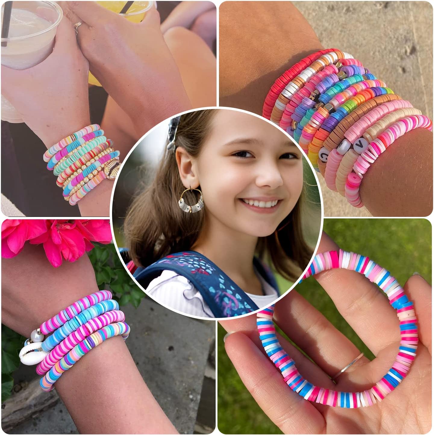 14600pcs Clay Beads for Bracelets Making Kit, 56 Colors Polymer Heishi Flat Clay Beads Charms for Jewelry Earring Making Kit Smiley Face Letter Beads with Necklace Strings Stuff Gift for Girls 6-12 image 6