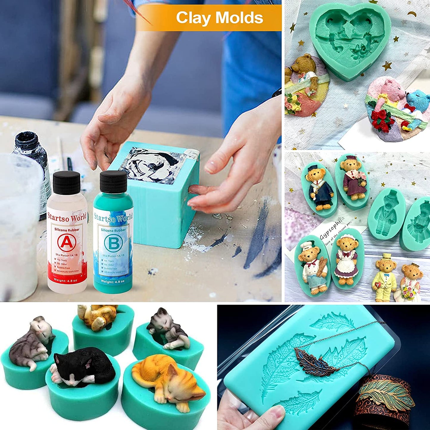Startso World Mold Making Kit, 20A Turquoise Platinum RTV-2 Liquid Silicone Rubber 9.6OZ for Casting Resin, Soap, Candle, Clay, DIY Molds-1:1 by Volume with Tool 4Cups,4Sticks,2Droppers,1 Pair Gloves image 5