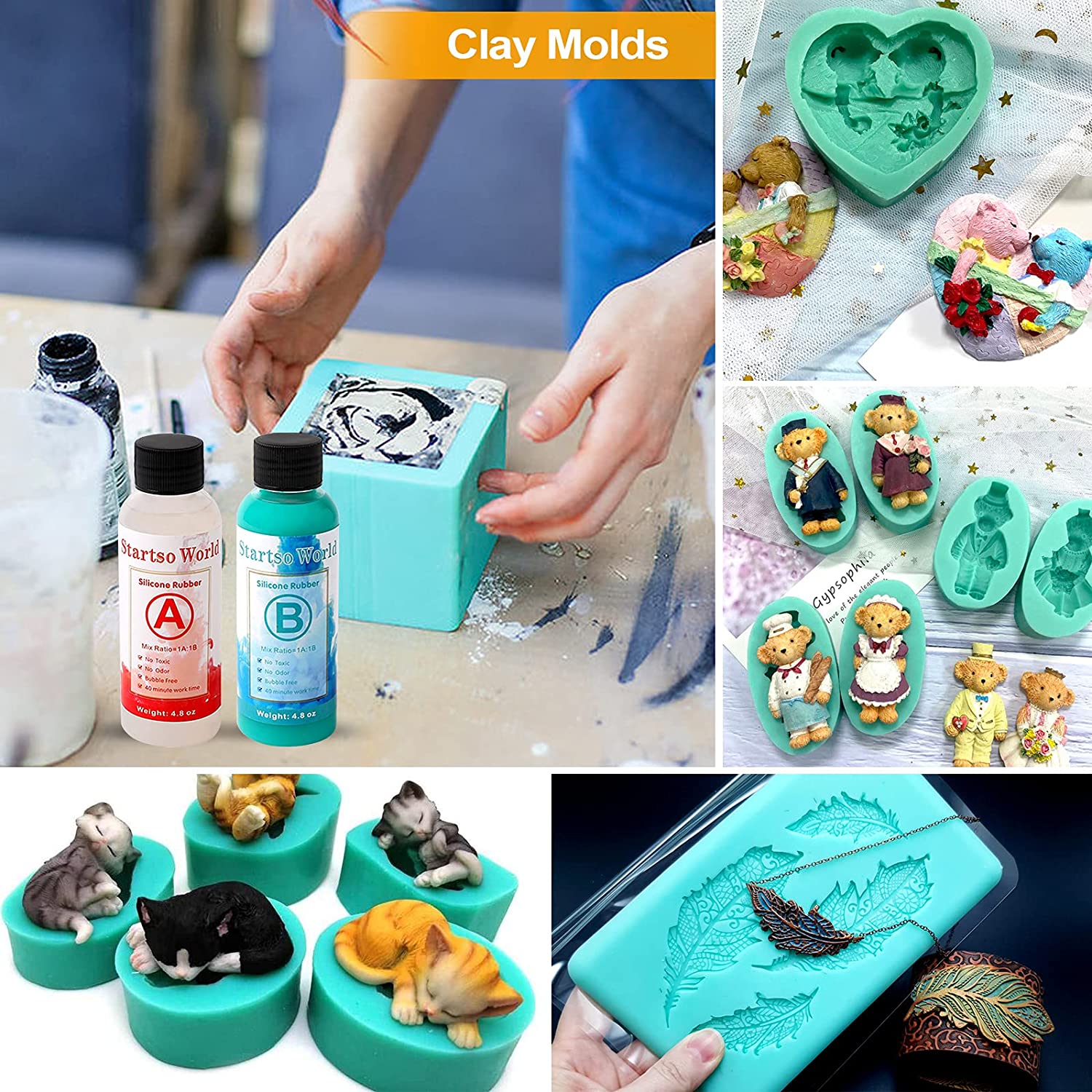 Startso World Mold Making Kit, 20A Turquoise Platinum RTV-2 Liquid Silicone Rubber 9.6OZ for Casting Resin, Soap, Candle, Clay, DIY Molds-1:1 by Volume with Tool 4Cups,4Sticks,2Droppers,1 Pair Gloves image 5