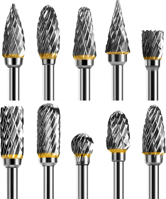 TianTac Tungsten Carbide Rotary Burr Set 10pcs, Carving Burr Bits, with 3mm Shank 6mm Bit for Wood &amp; Stone Carving, Steel Metal Working image 0