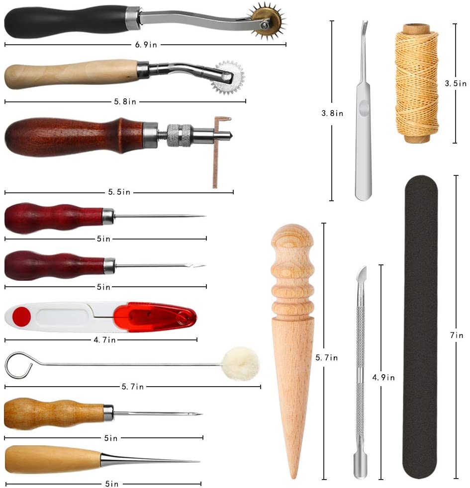 ELECTOP 31 Pcs Leather Sewing Tools DIY Leather Craft Tools Hand Stitching Tool Set with Groover Awl Waxed Thread Thimble Kit image 2