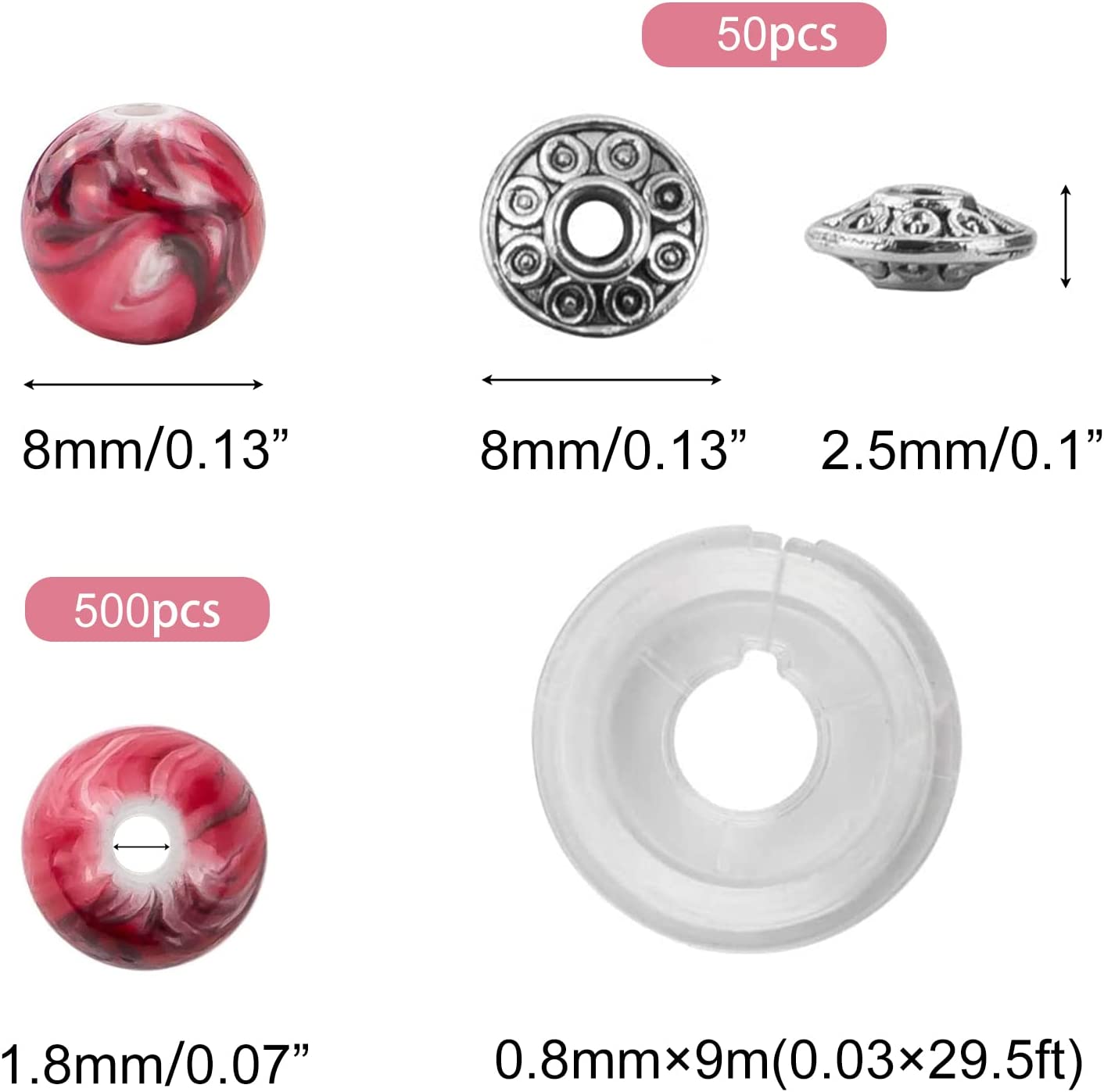 Quefe 500pcs Craft Beads for Jewelry Making, for Bracelets Making,Space Acrylic Beads in Ink Patterns with 50pcs Spacer Beads and Crystal String (8mm) image 1