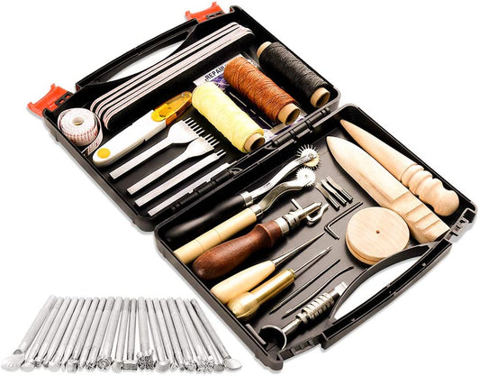 50 Pieces Leather Working Tools and Supplies with Leather Tool Box Prong Punch Edge Beveler Wax Ropes Needles Perfect for Stitching Punching Cutting Sewing Leather Craft Making image 0