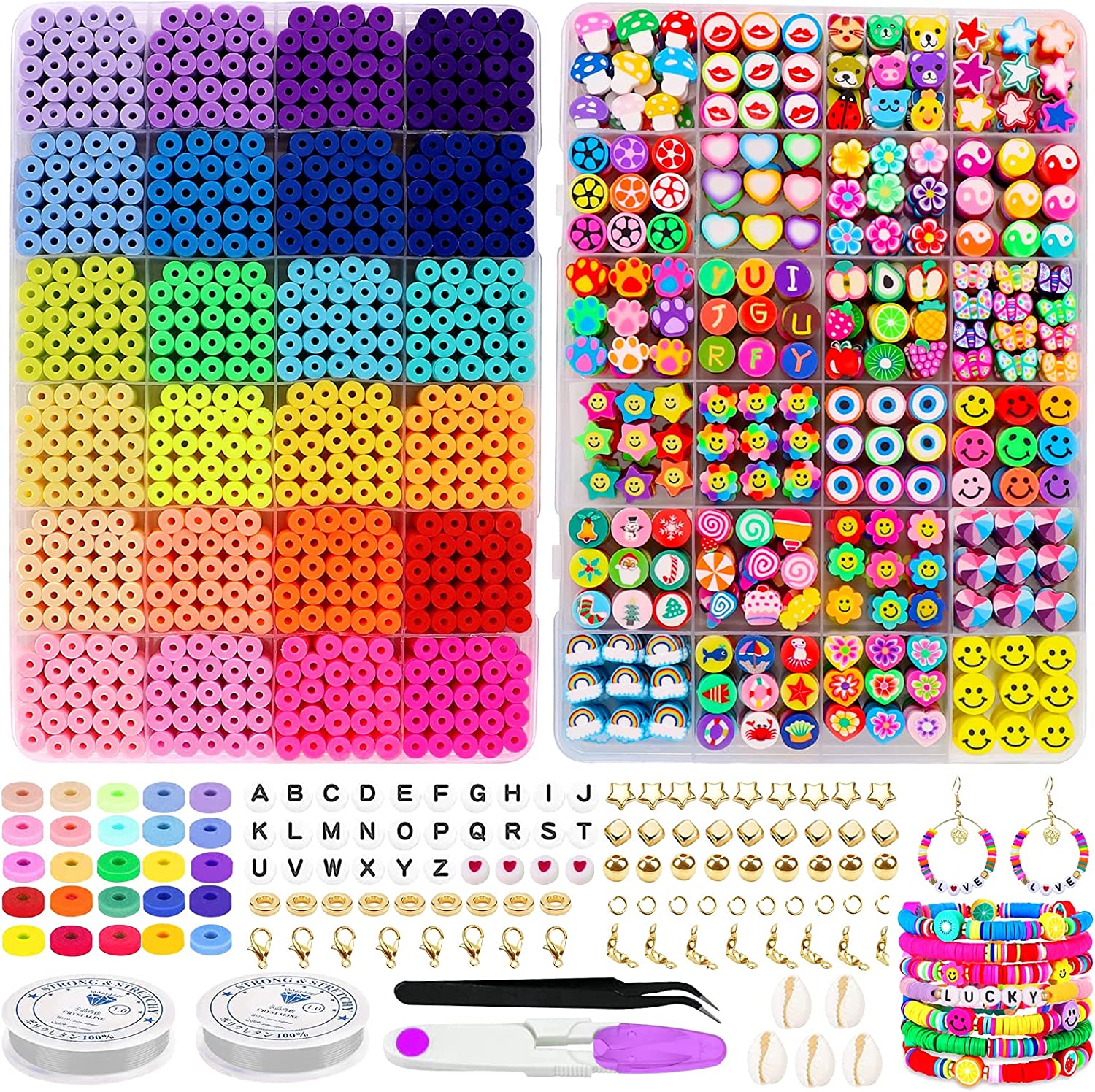 JOICEE 2 Boxes Clay Beads for Bracelets Making, Fruit Flower Smiley Polymer Clay Beads Charms with 24 Colors Flat Round Heishi Spacer Beads Kit for DIY Craft Necklace Jewelry Gift for Women Girls image 0