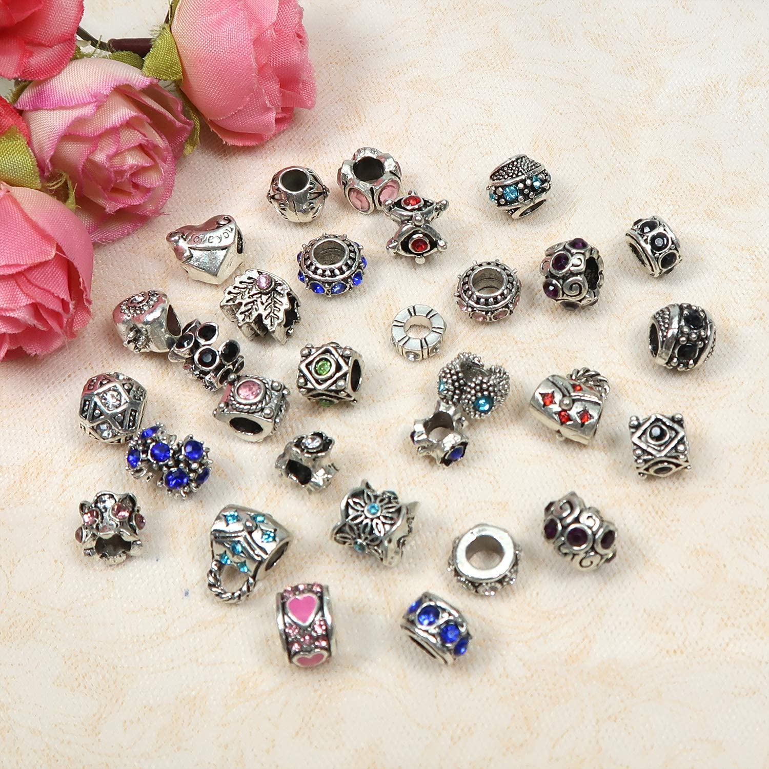 TOAOB 30pcs Assorted Antique Silver Rhinestone European Lampwork Charms Beads Large Hole Spacer Beads Charms Supplies for Bracelet Necklace Jewelry Making image 3